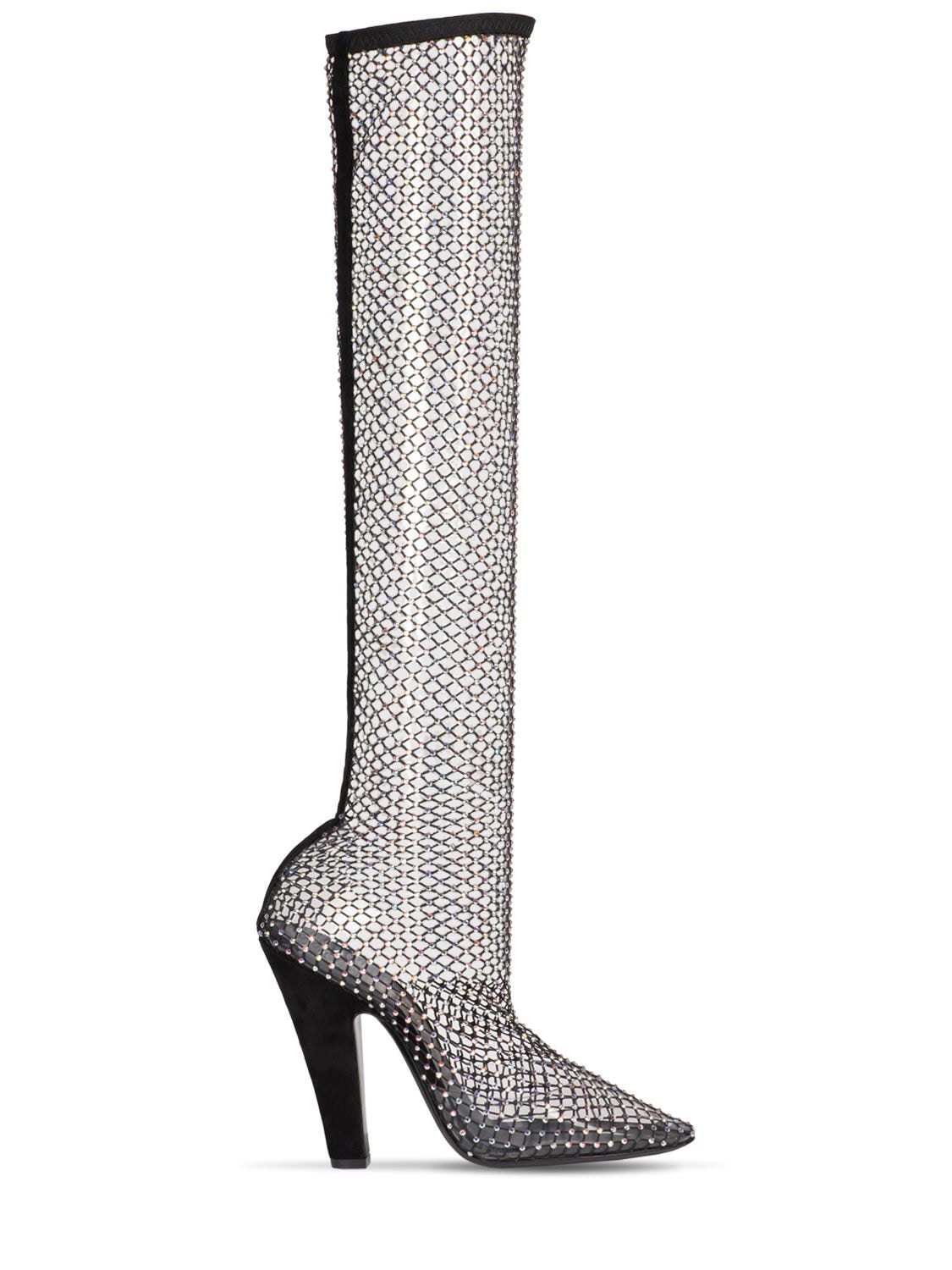 Saint Laurent 110mm Embellished Net Tall Boots In Black