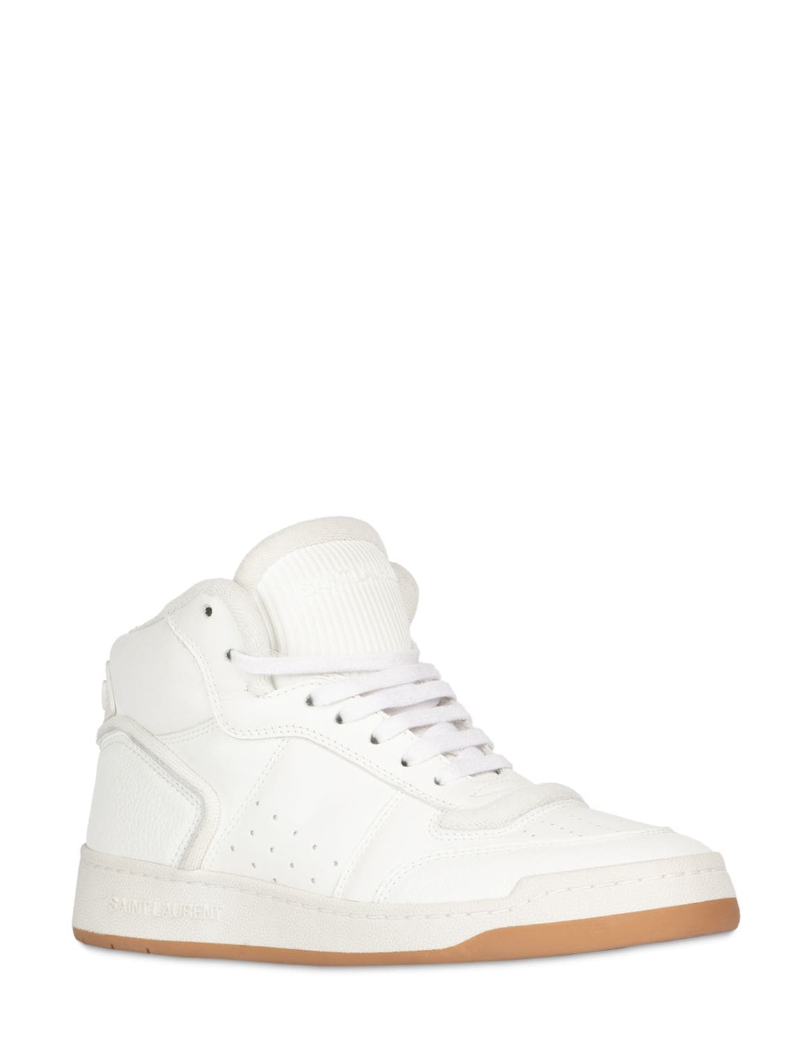 Shop Saint Laurent 20mm Mid Top Leather Sneakers In White