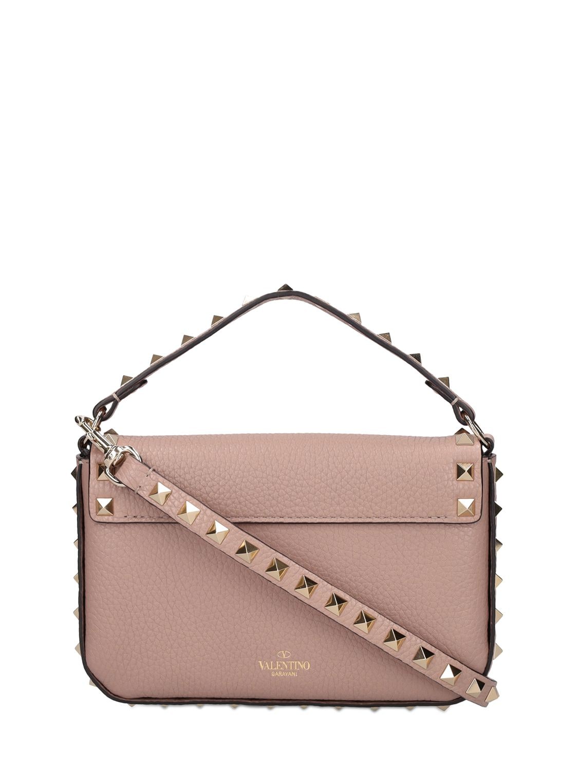 Shop Valentino Small Rockstud Leather Top Handle Bag In Poudre
