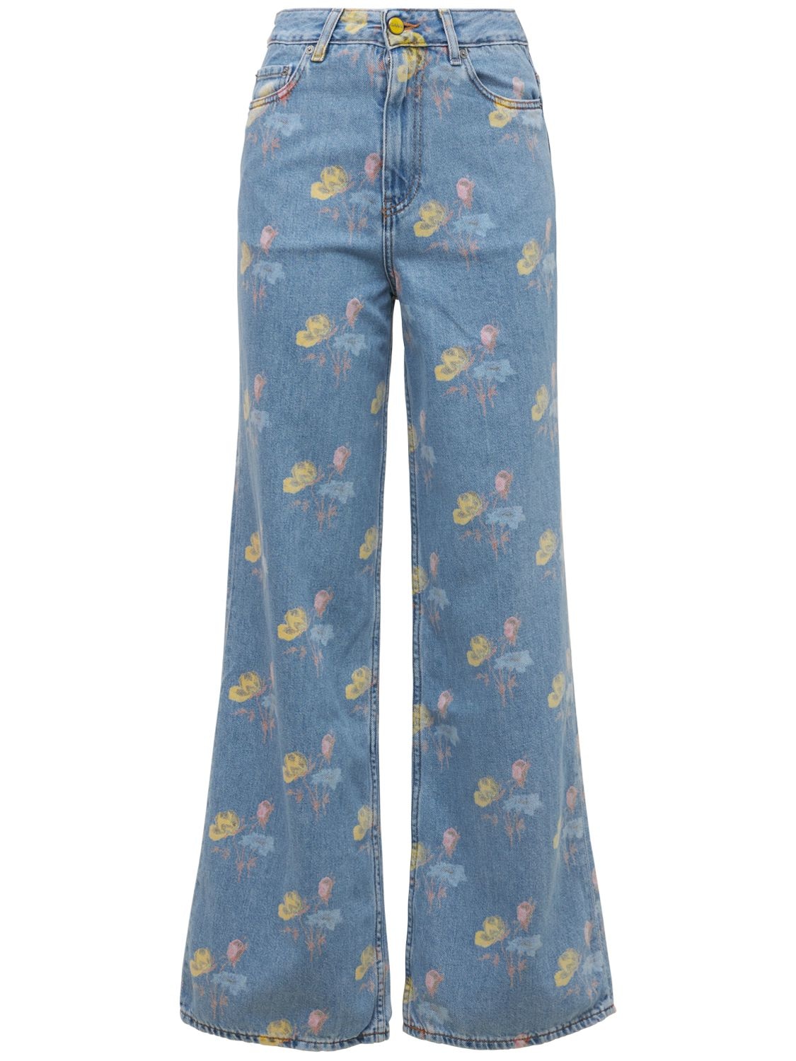 Printed Wide Leg High Rise Cotton Jeans