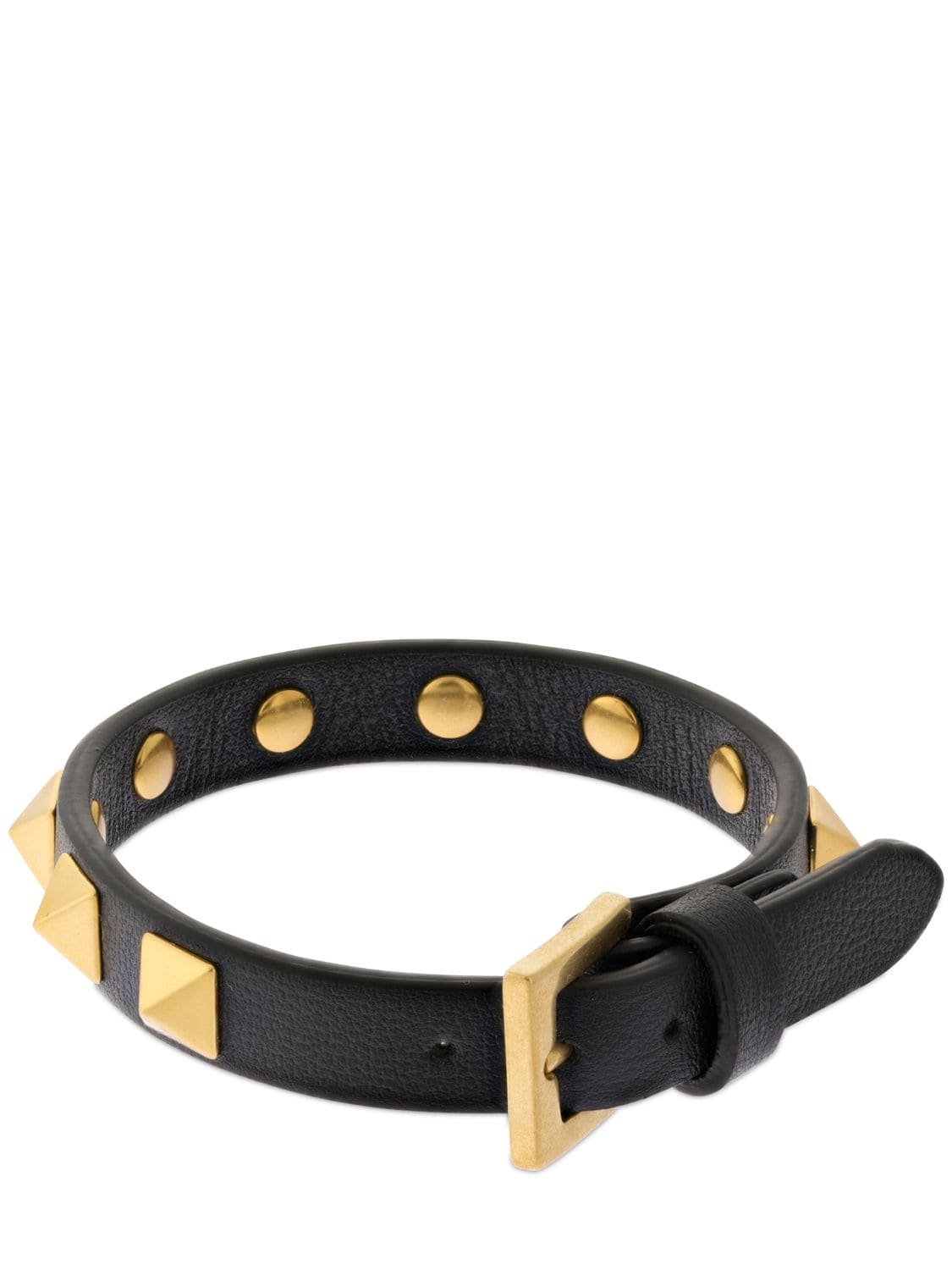 Shop Valentino Rockstud Leather Belt Bracelet In 黑色,金色