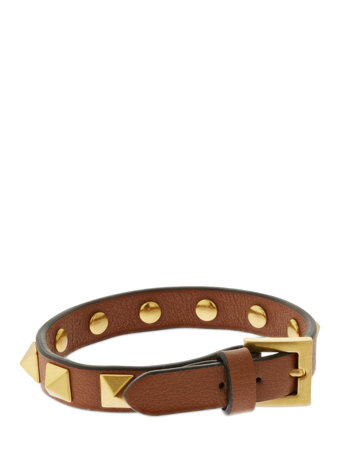 Shop Valentino Rockstud Leather Belt Bracelet In 棕色,金色
