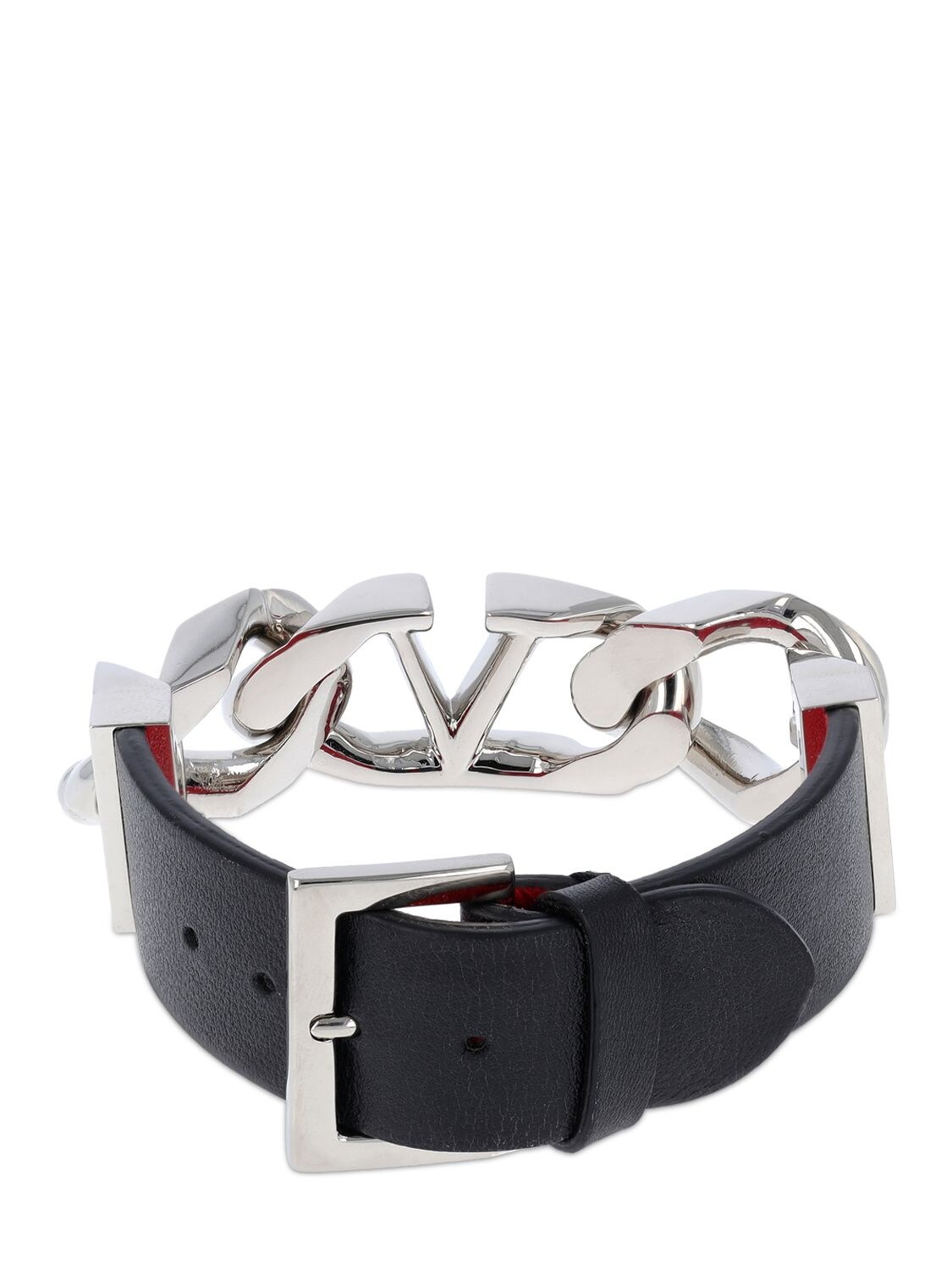 Shop Valentino V Logo & Chain Leather Belt Bracelet In Multi,silver