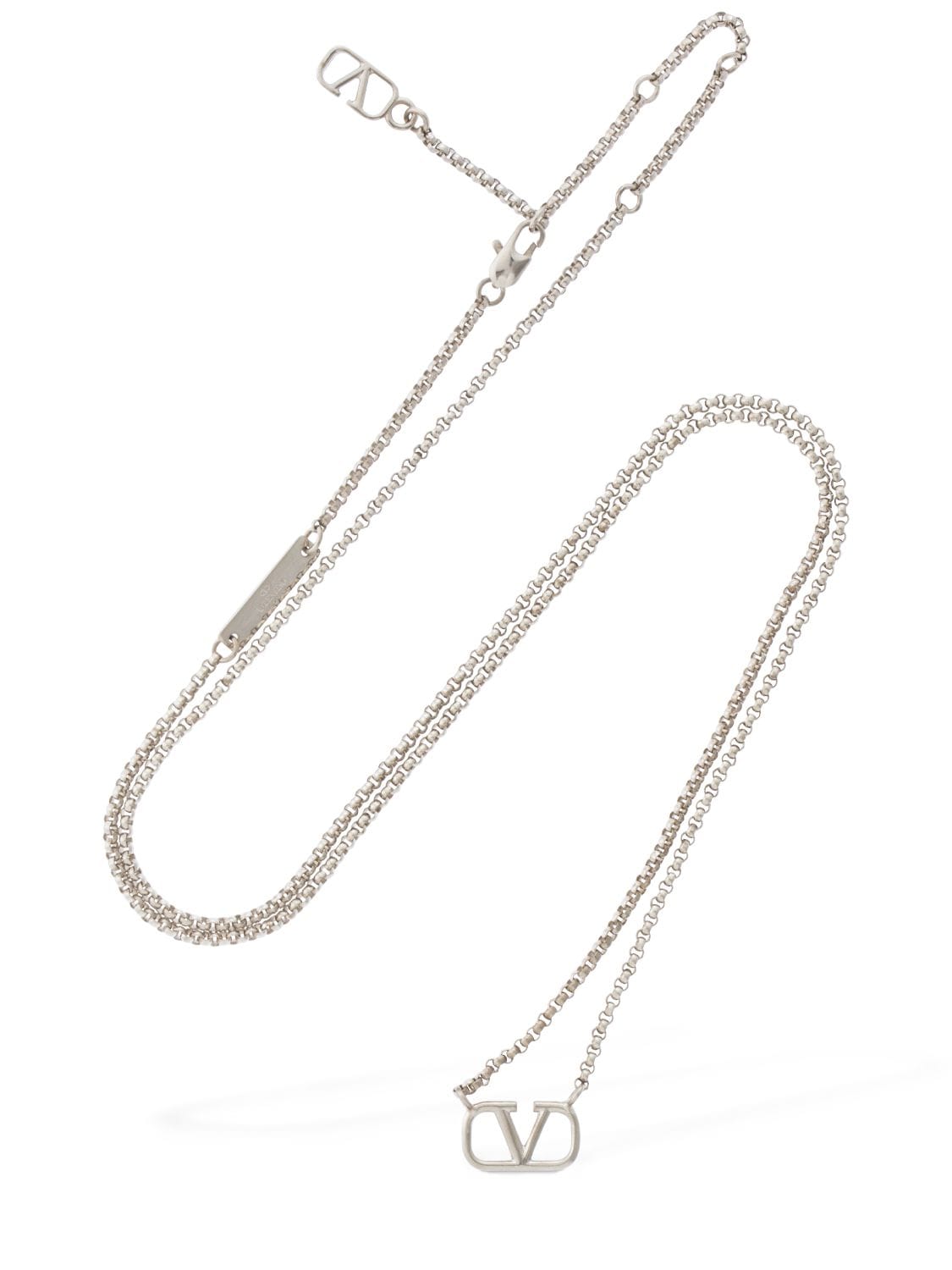Shop Valentino V Logo Charm Long Necklace In Palladium