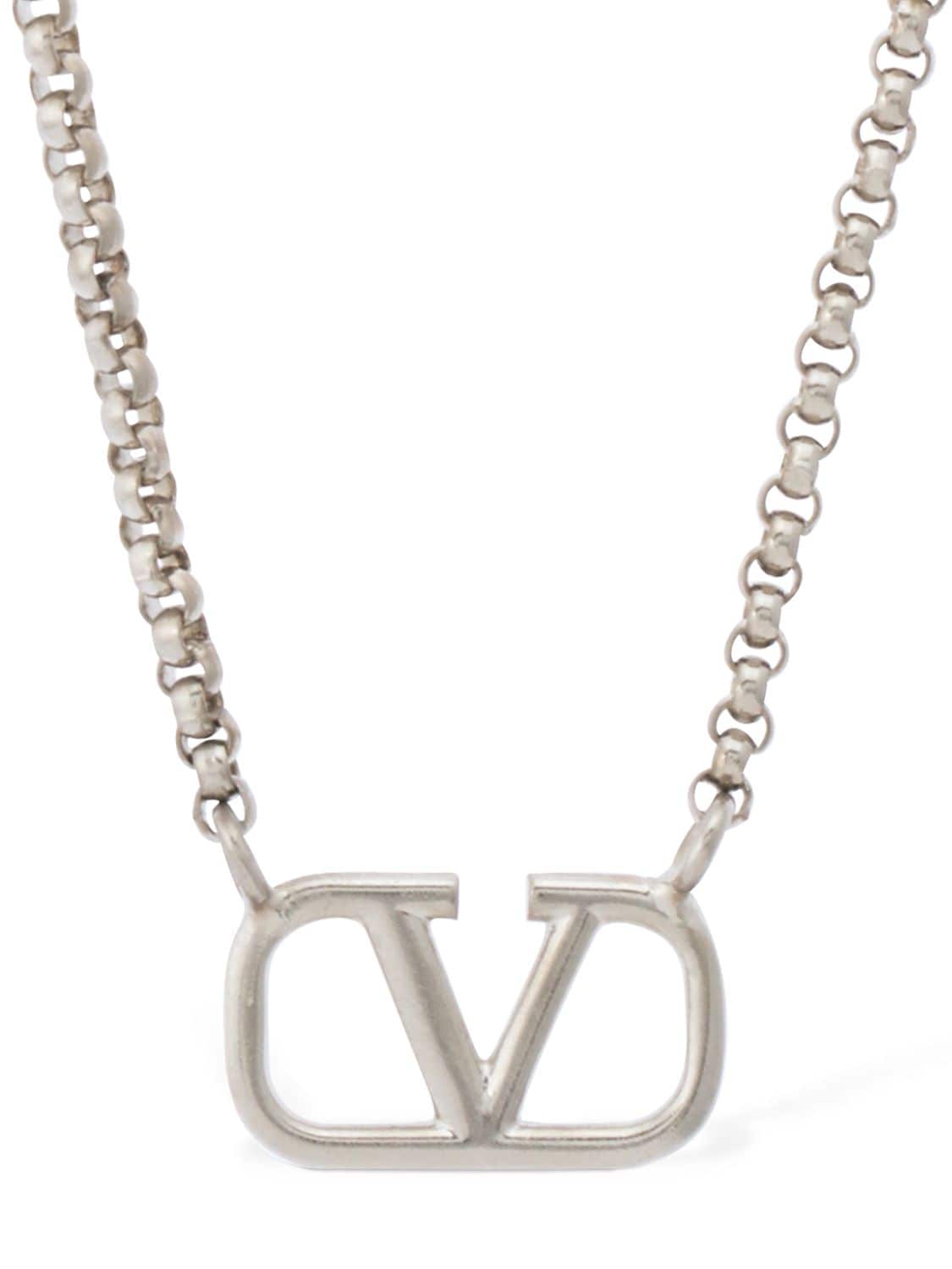 Valentino Garavani V Logo Charm Long Necklace In Palladium
