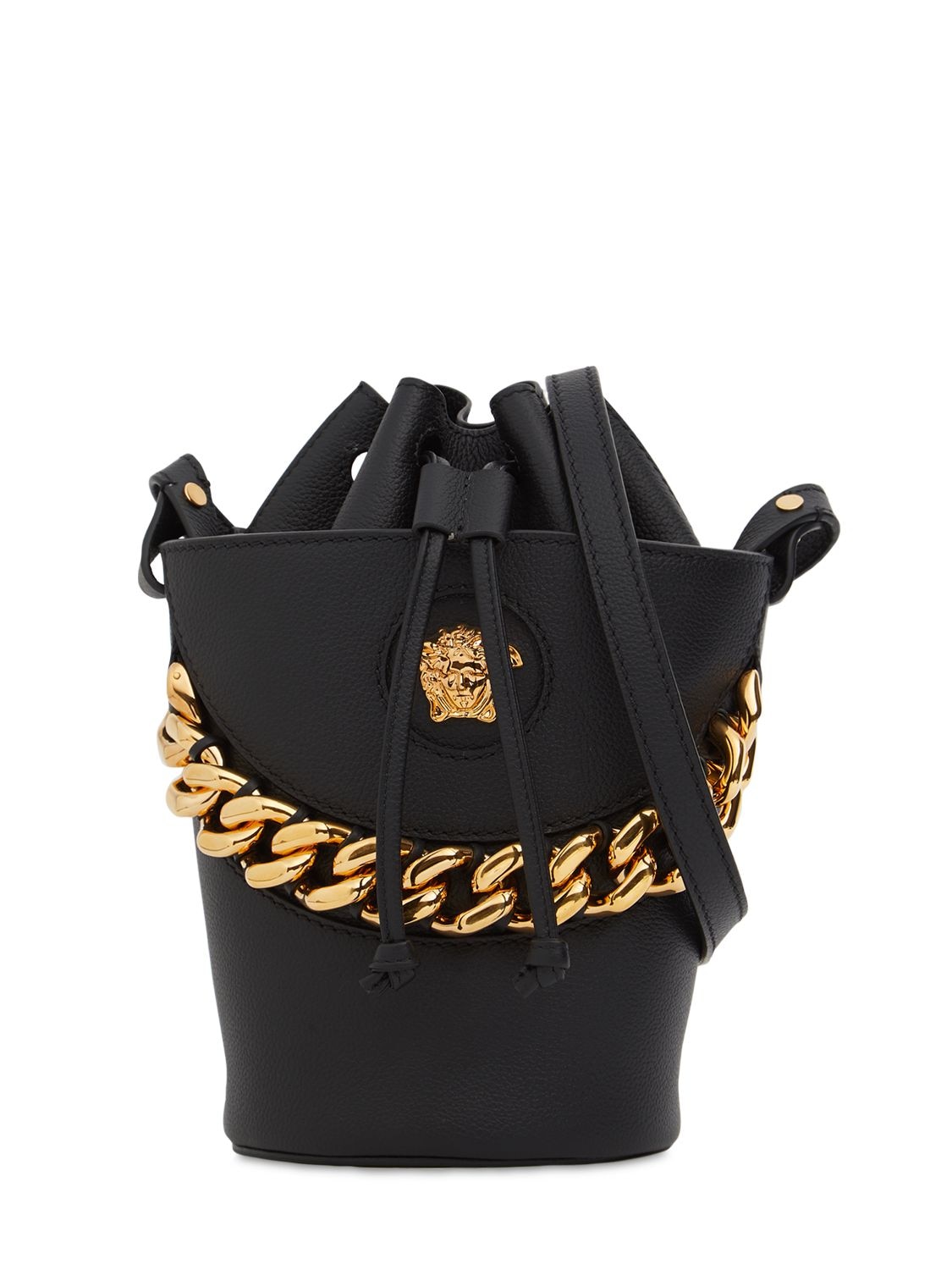 Medusa Leather Bucket Bag W/ Gold Chain
