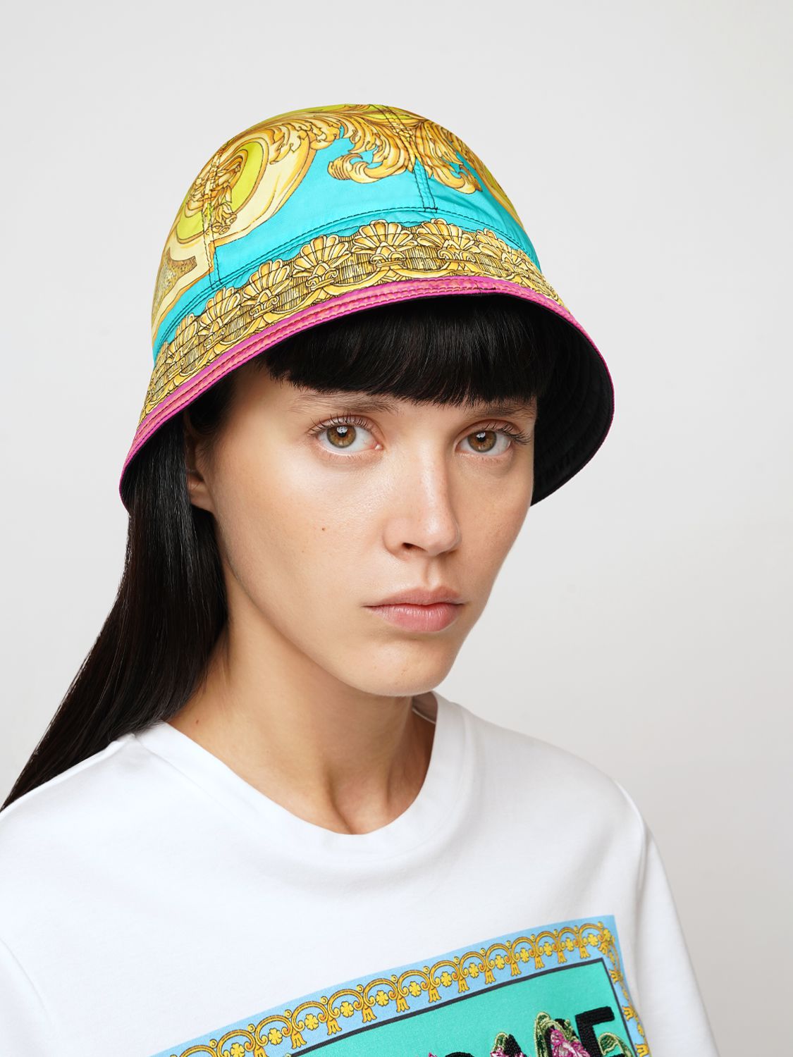 Versace Barocco Goddess Print Nylon Bucket Hat In Pink ModeSens