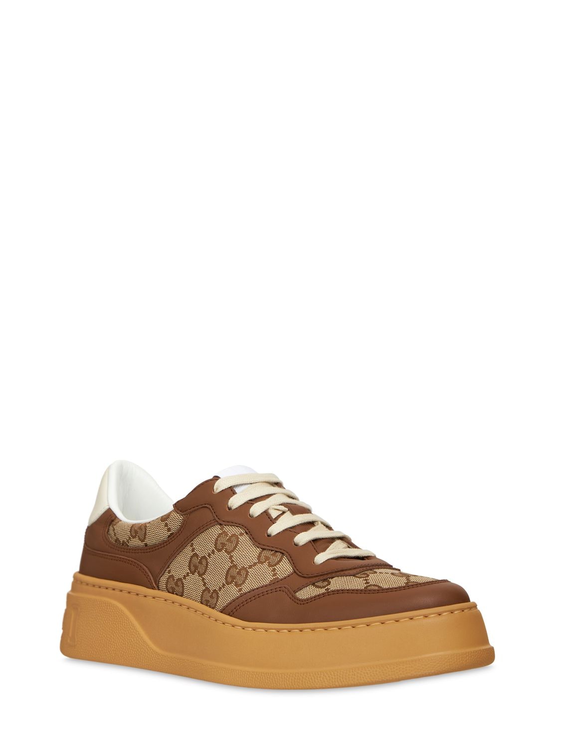 Shop Gucci 50mm Chunky B Canvas & Leather Sneakers In Beige,brown
