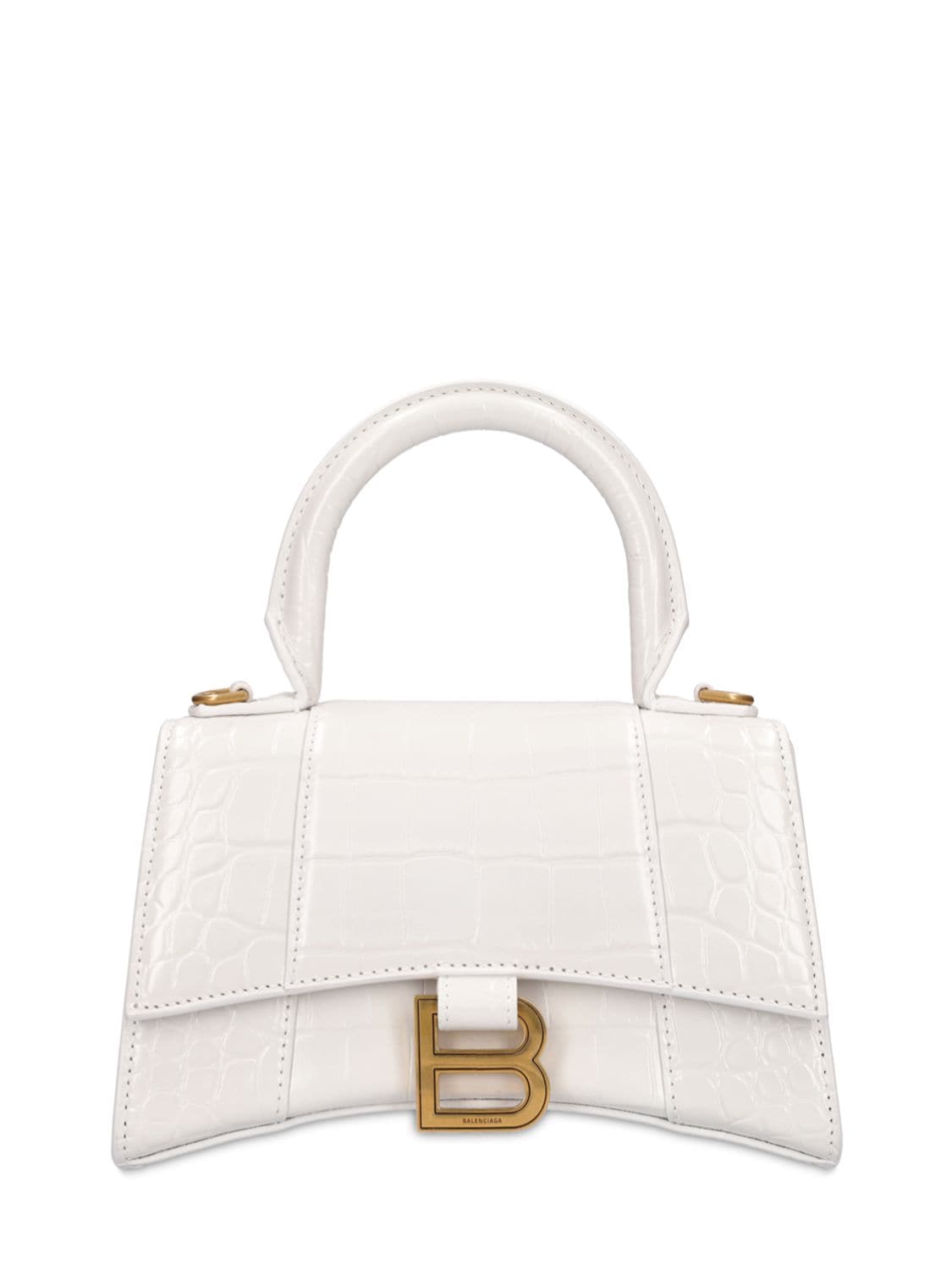 Shop Balenciaga Xs Hourglass Croc Embossed Leather Bag In White