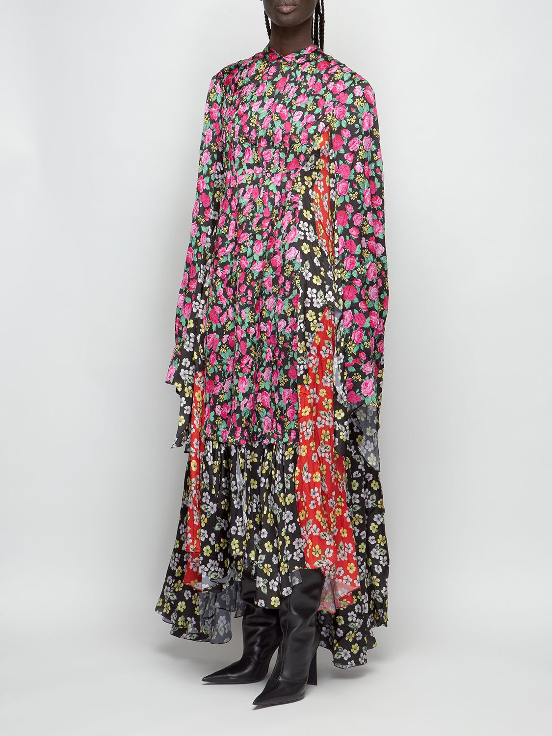 Shop Balenciaga Printed Satin Long Dress In Pink