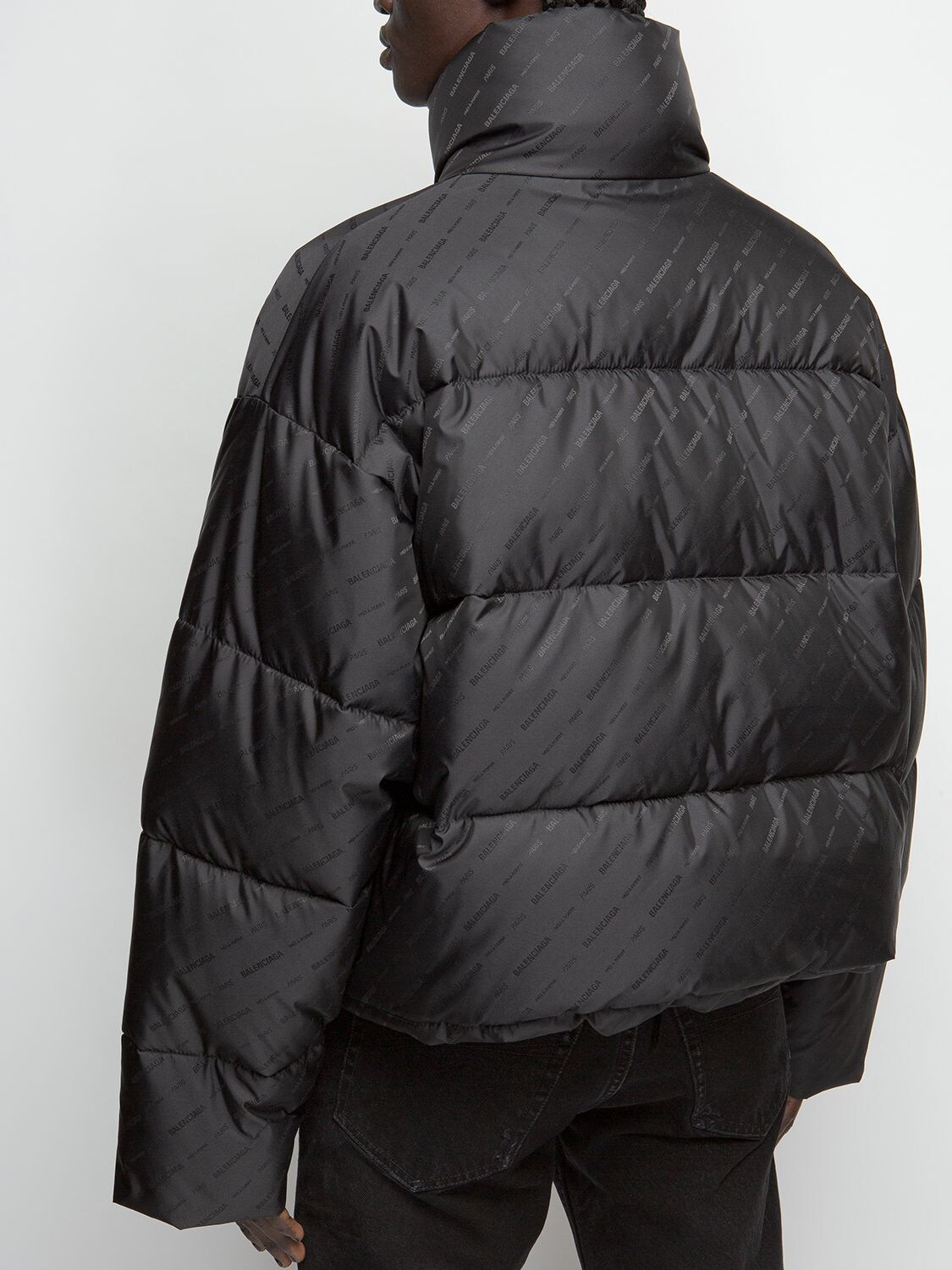 Shop Balenciaga Jacquard Logo Nylon Puffer Jacket In Black