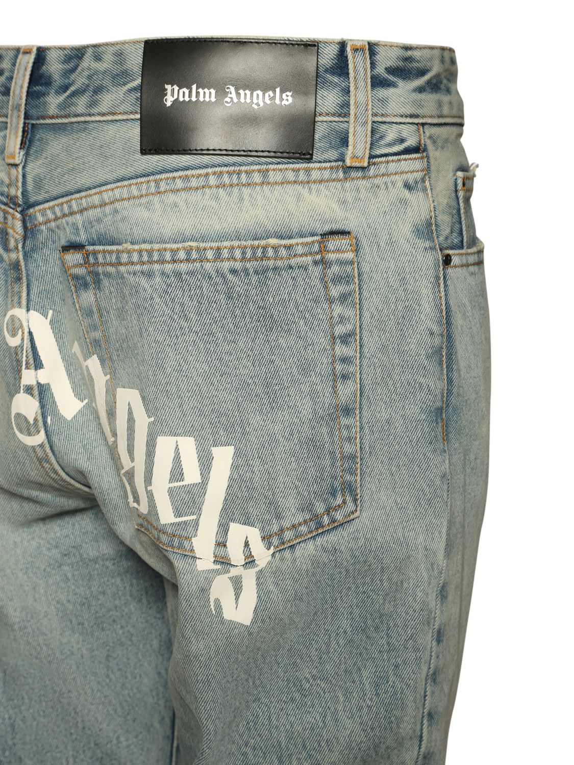 Shop Palm Angels 17.1cm Logo Print Cotton Denim Jeans In Light Blue