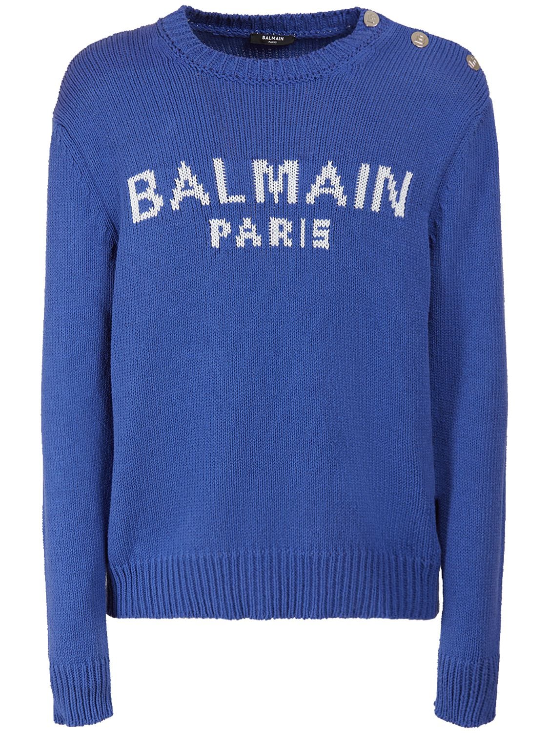 Balmain Button-embellished Logo-intarsia Cotton-blend Sweater In Blue ...