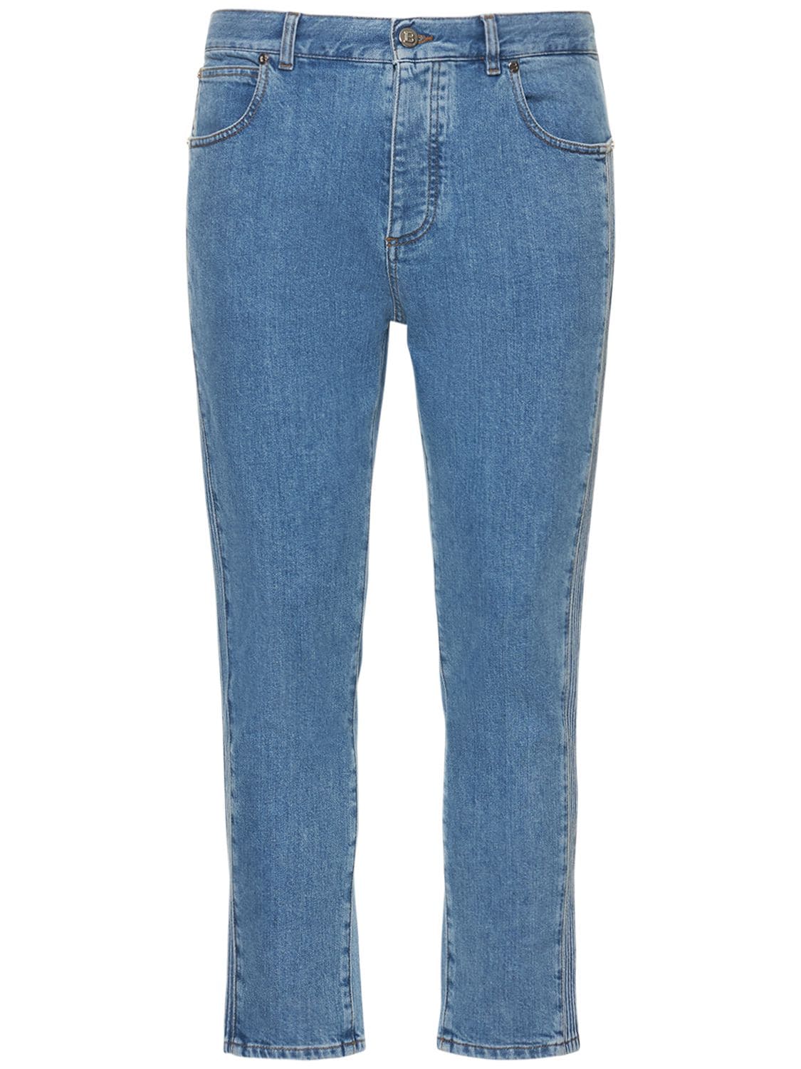 Balmain B Embossed Cropped Denim Jeans In Blue