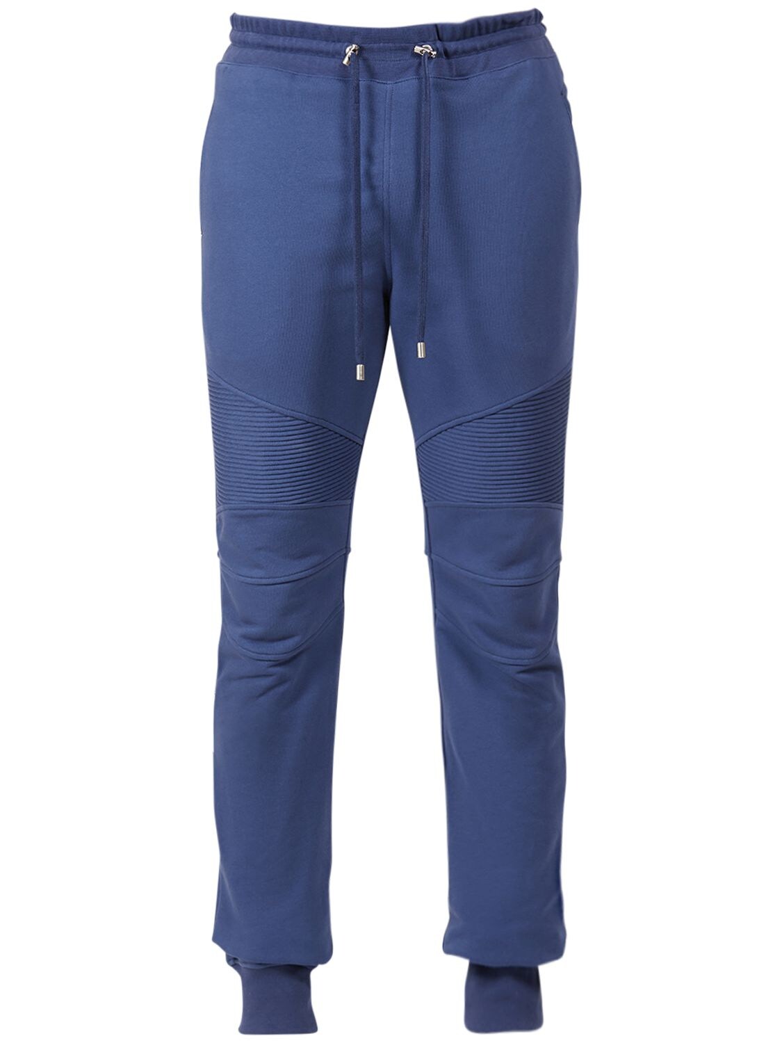 Balmain Ribbed Cotton Jersey Sweatpants W/ Badge In Blue | ModeSens