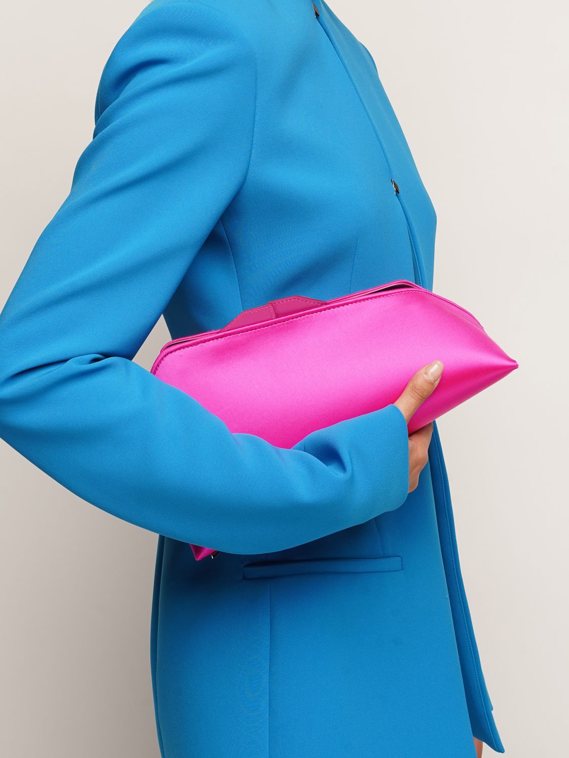 Shop Attico Medium 8.30 Pm Satin & Leather Clutch In Fuchsia