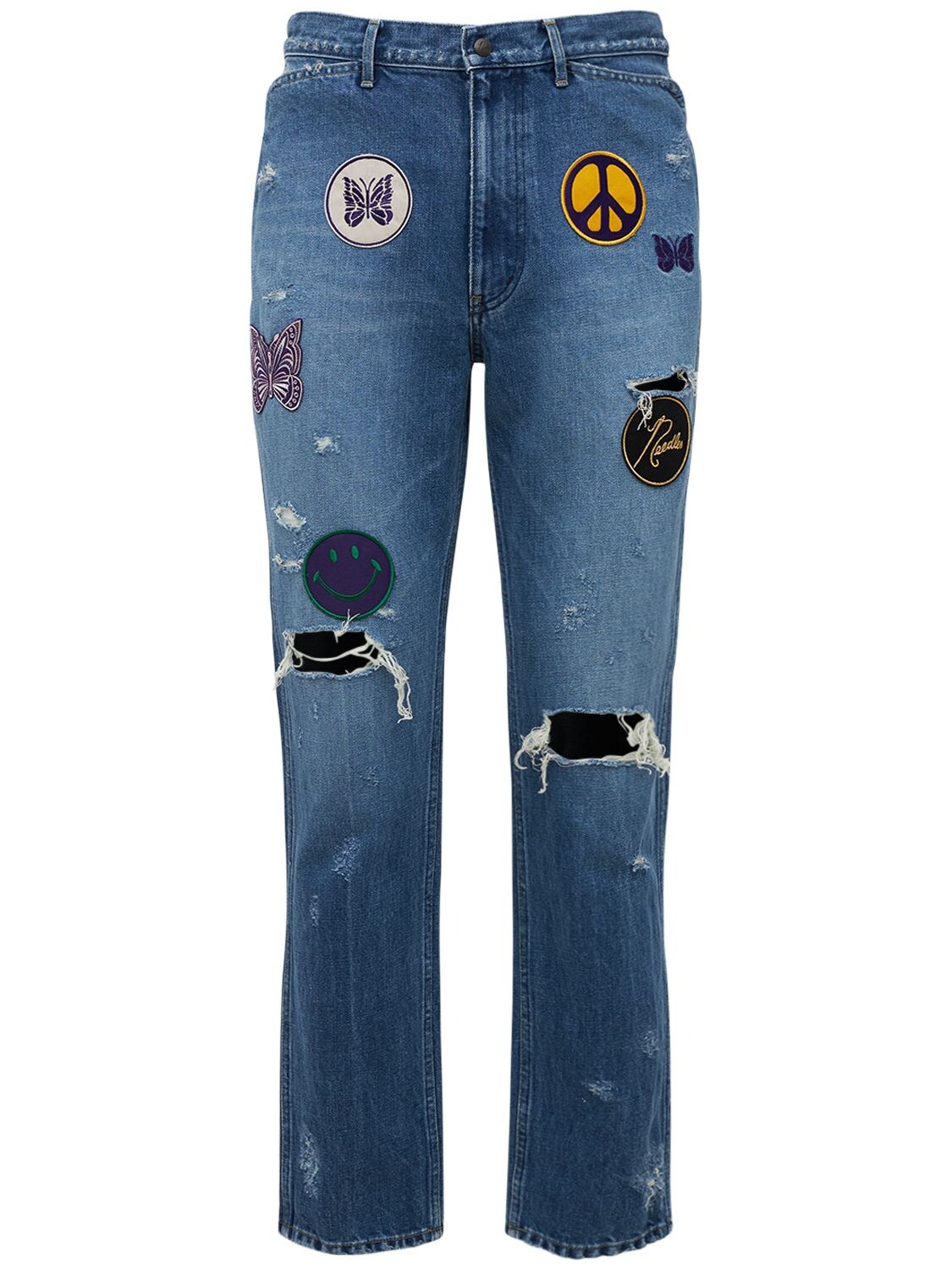 Needles - Distressed cotton denim jeans w/ patches - Blue | Luisaviaroma