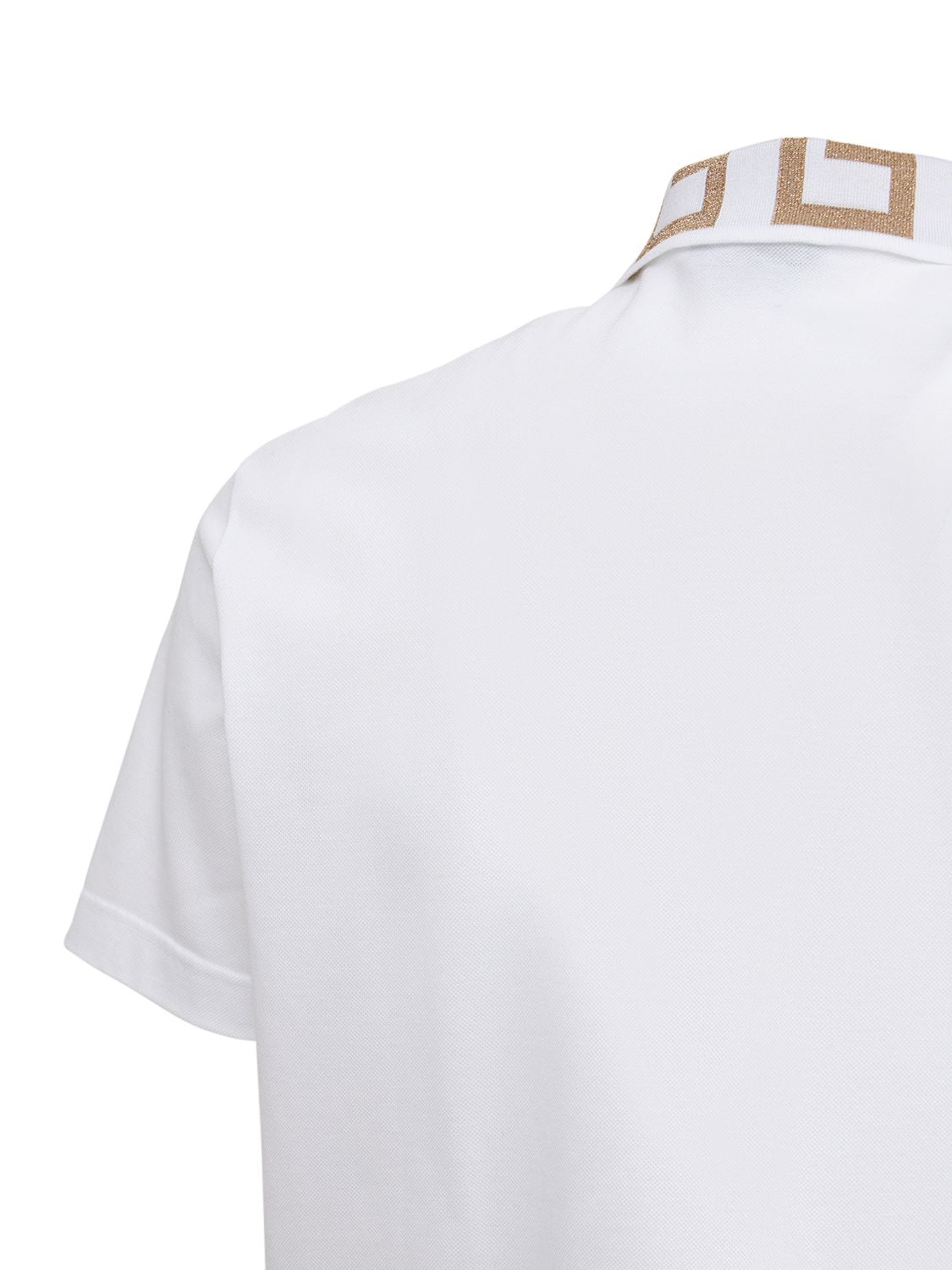 Shop Versace Greca Lurex Cotton Piquet Polo In White,gold