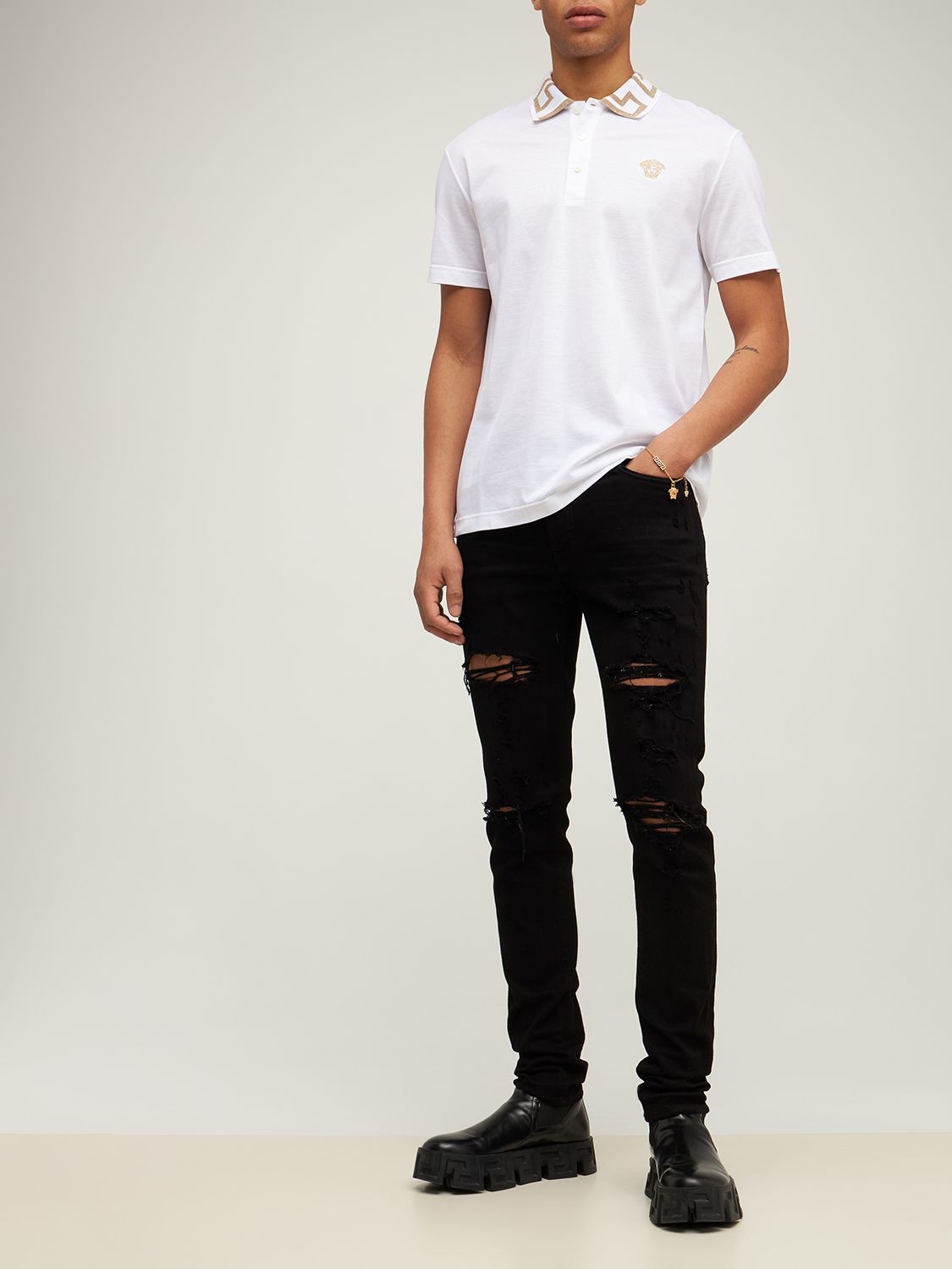 Shop Versace Greca Lurex Cotton Piquet Polo In White,gold