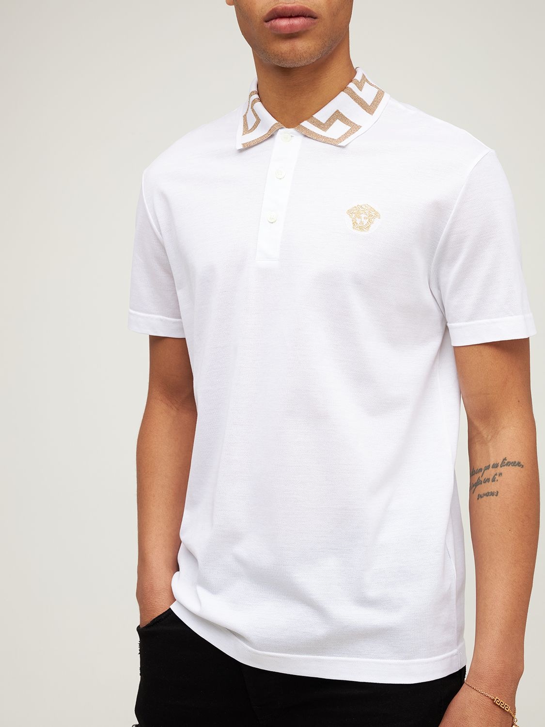 Shop Versace Greca Lurex Cotton Piquet Polo In White,gold