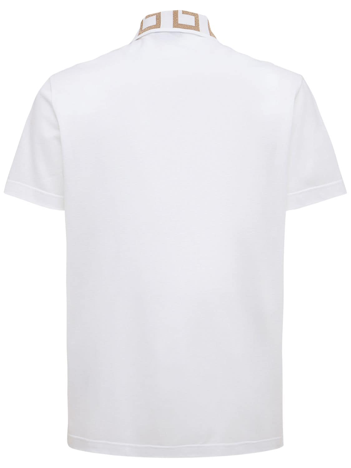 Shop Versace Greca Lurex Cotton Piquet Polo In White,gold