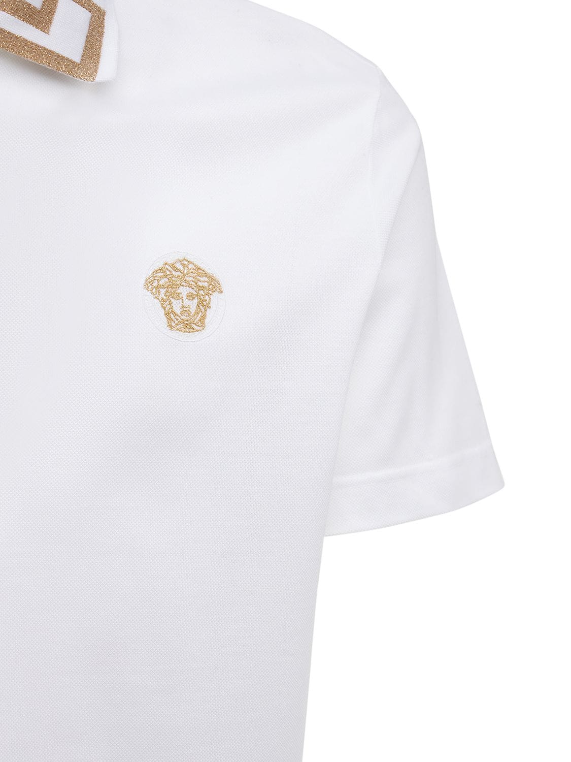 Shop Versace Greca Lurex Cotton Piquet Polo In White,gold