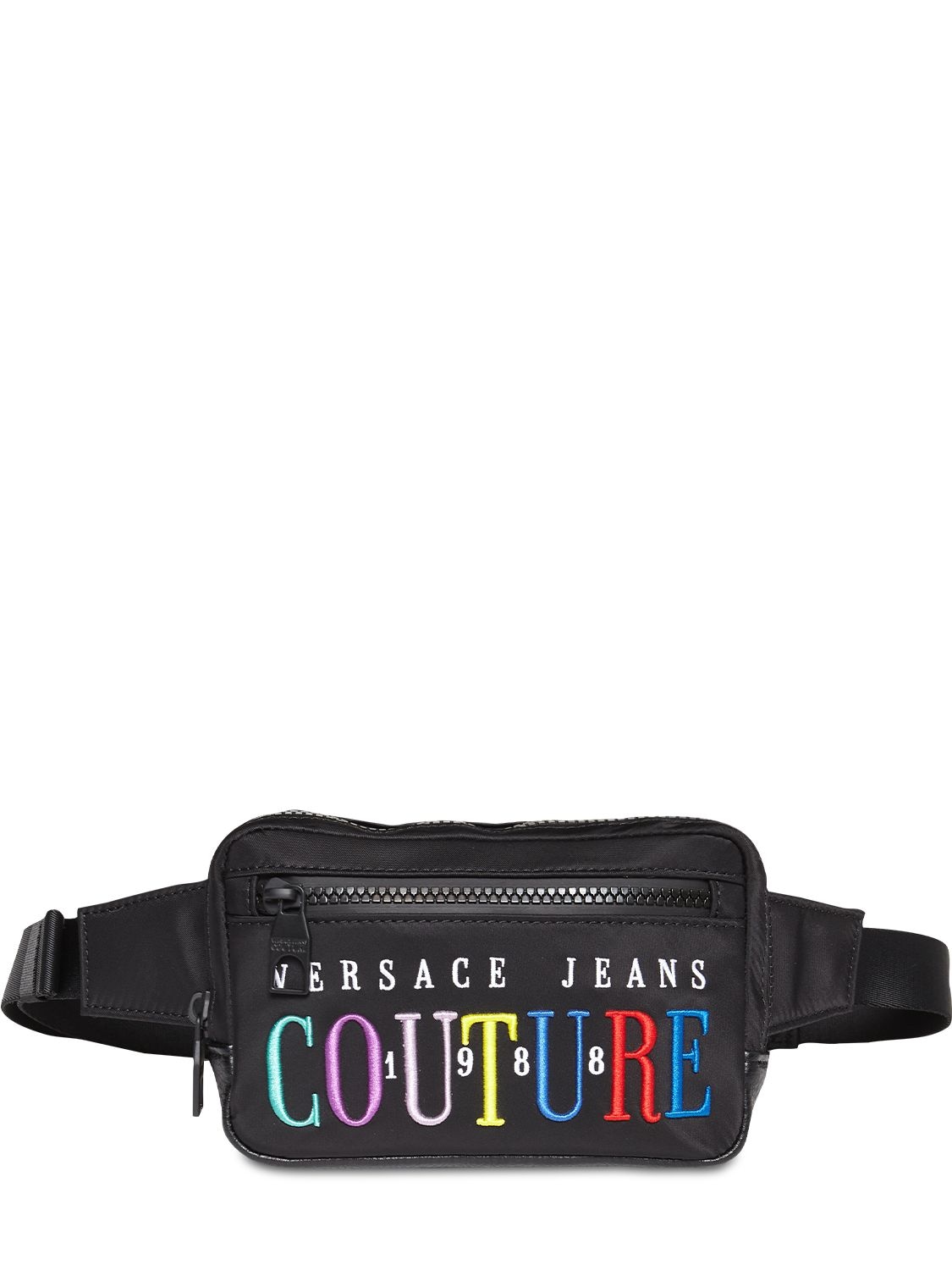 Versace Jeans Couture Multicolor Embroidered Logo Belt Bag In Nero