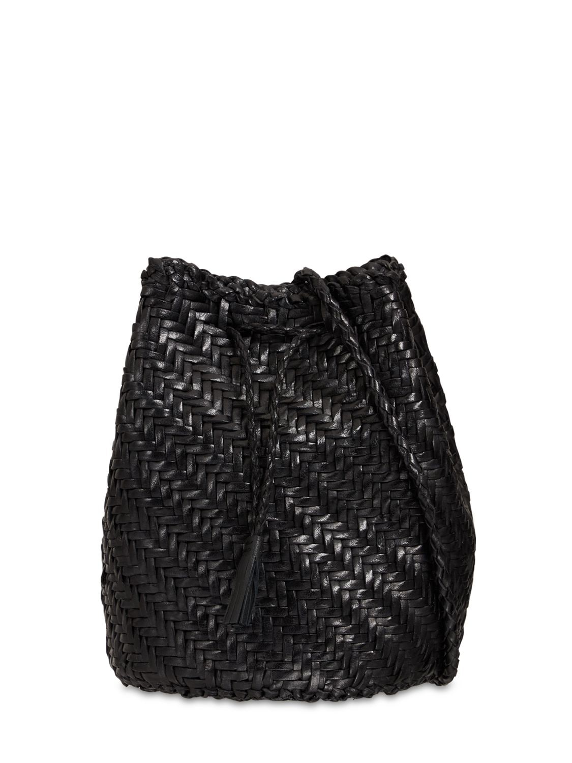 DRAGON DIFFUSION Pompom Doublej Woven Leather Basket Bag