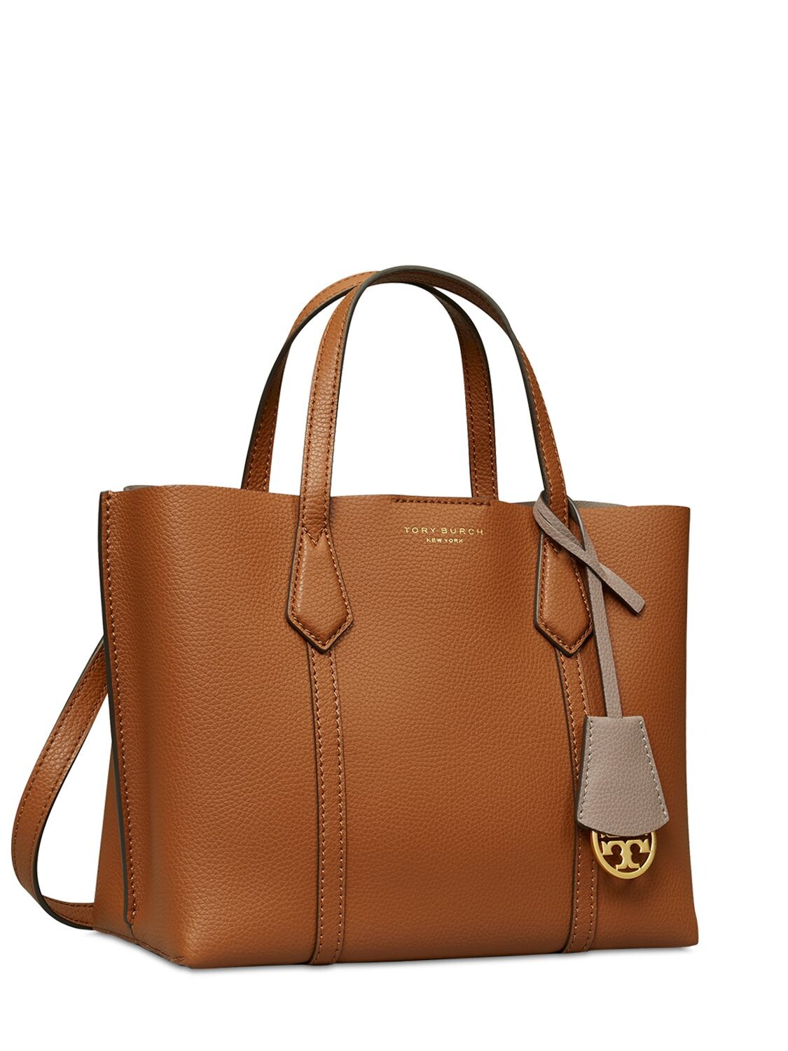 Shop Tory Burch Sm Perry Triple-compartment Leather Tote In Light Umber