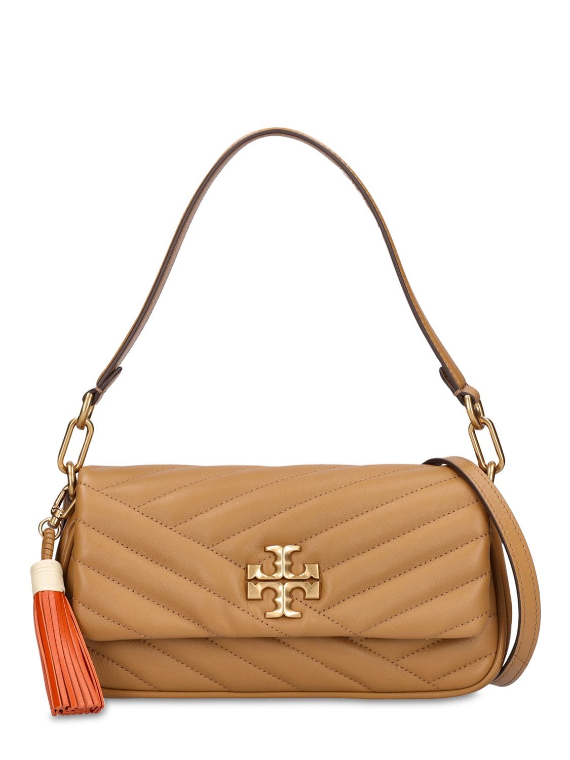 Tory Burch Small Kira Chevron Leather Shoulder Bag In Dusty Almond/rolled  Gold