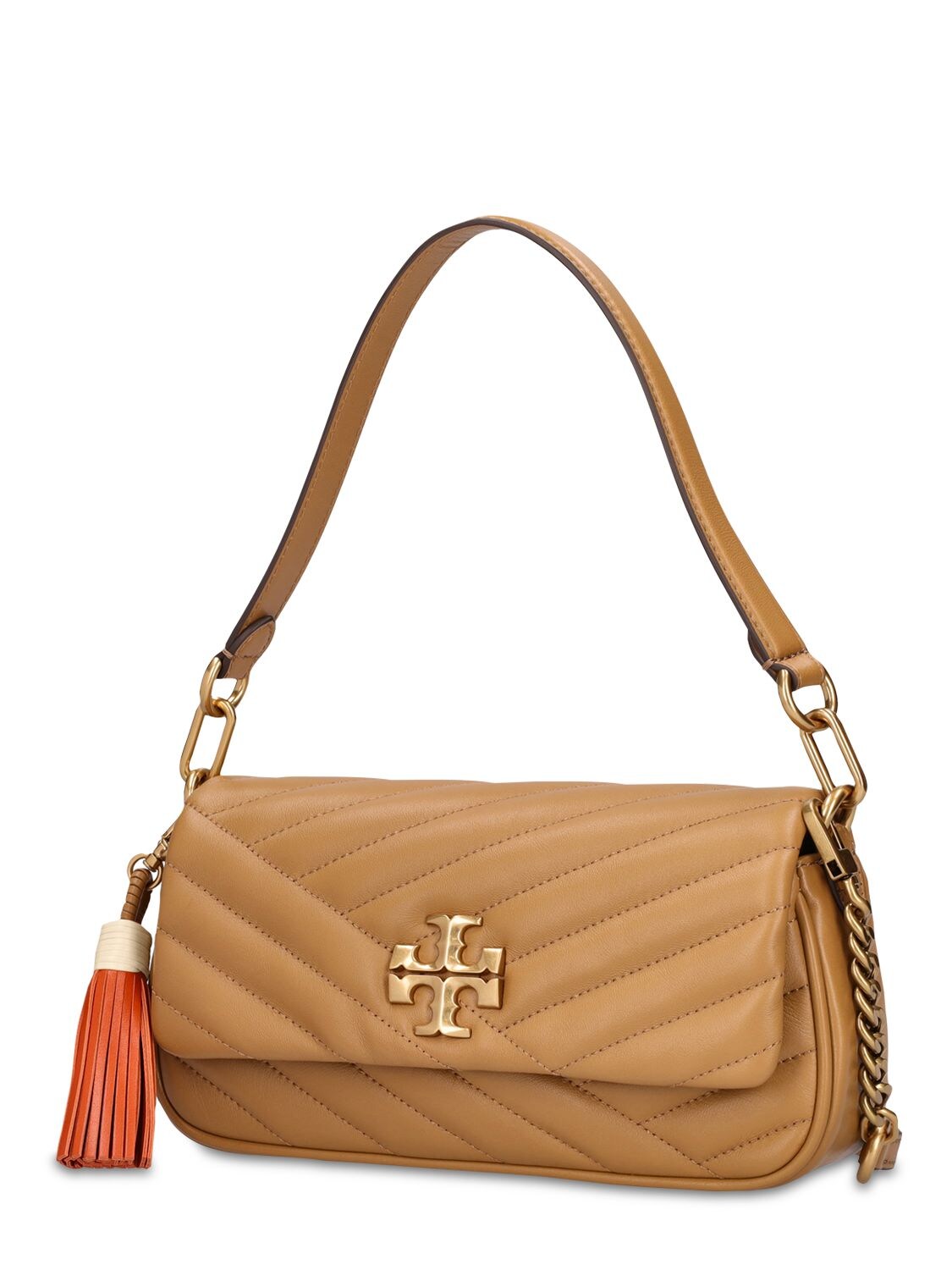 Tory Burch Women's Dusty Almond Brown Kira Chevron Leather Tassel Shoulder  Bag Handbag: Handbags