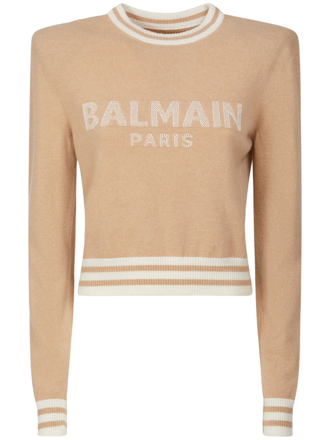 Indsprøjtning På kanten damper Balmain - Logo cropped wool blend knit sweater - Taupe/Cream | Luisaviaroma