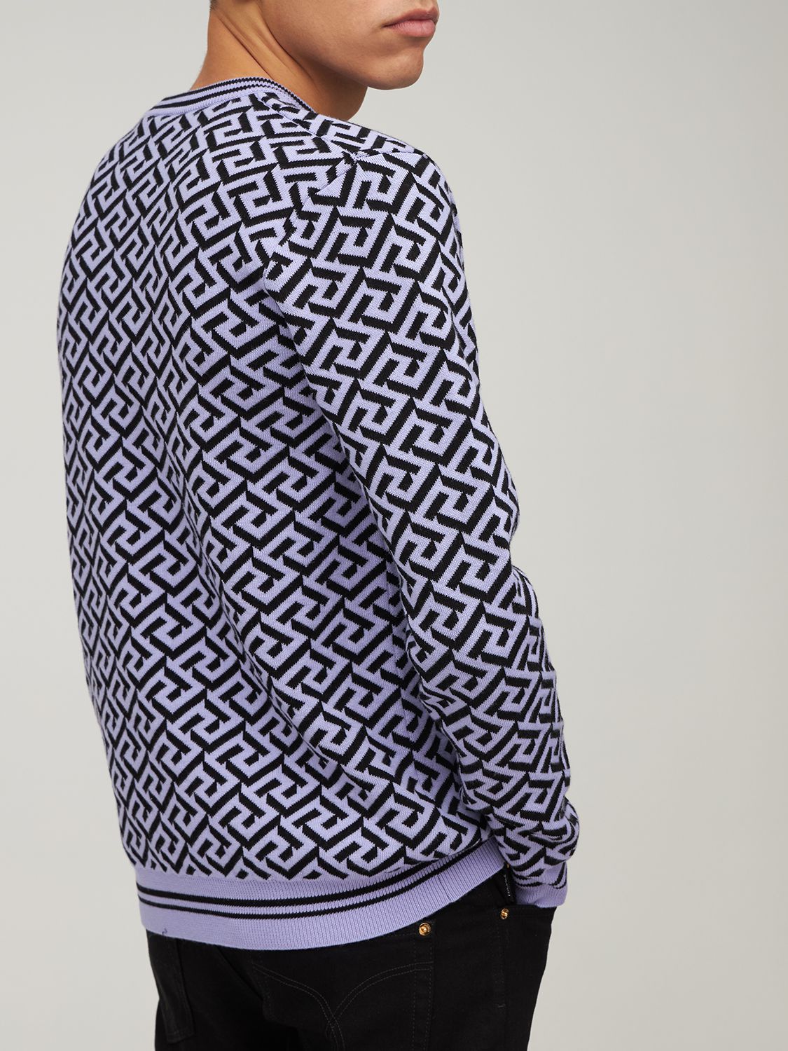 Versace Greca Monogram Jacquard Crewneck Wool Blend Sweater In
