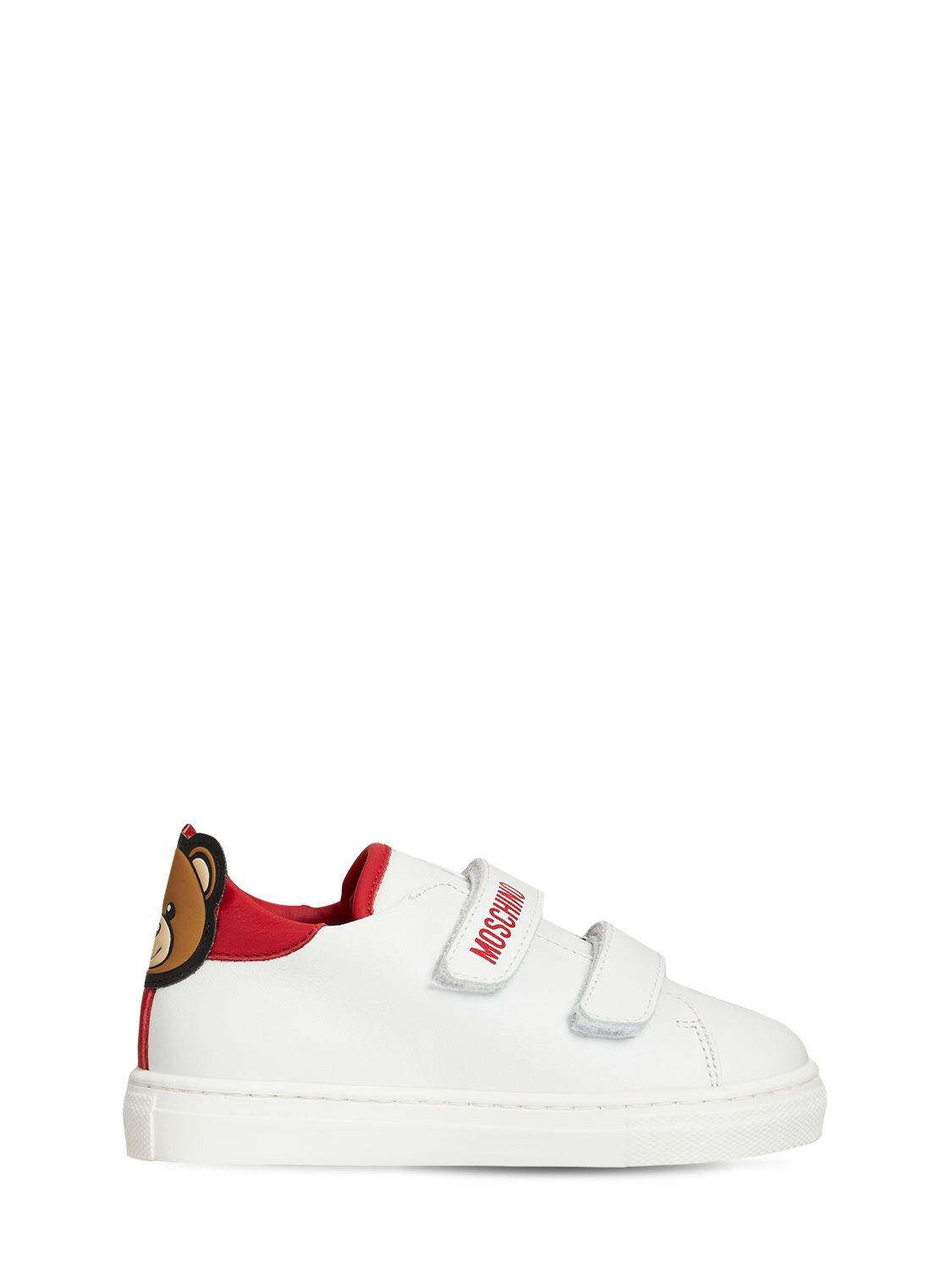 Moschino Kids' 泰迪熊魔术贴皮革运动鞋 In White,red