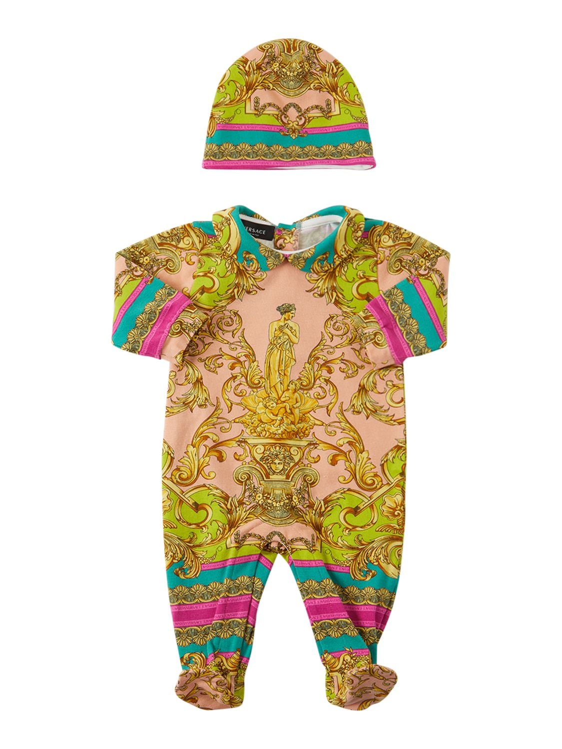 Versace Babies' Baroque Print Jersey Romper & Hat In Разноцветный