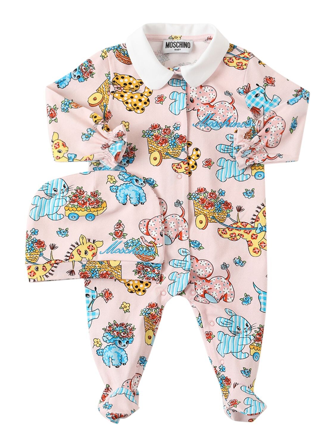 Moschino Babies' All Over Print Cotton Romper & Hat In Pink