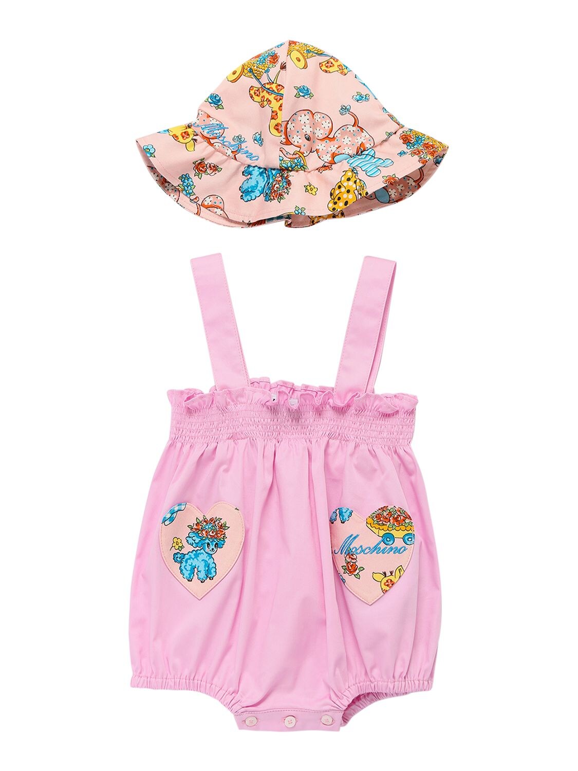 Moschino Babies' Logo Printed Cotton Hat & Bodysuit In Pink