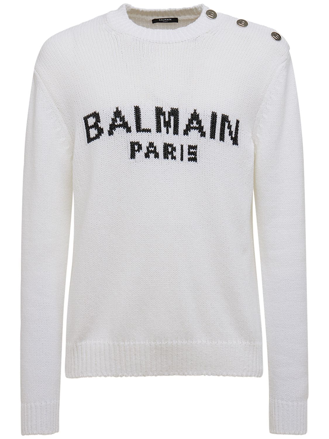 Balmain Logo Intarsia Cotton Blend Knit Sweater In White | ModeSens