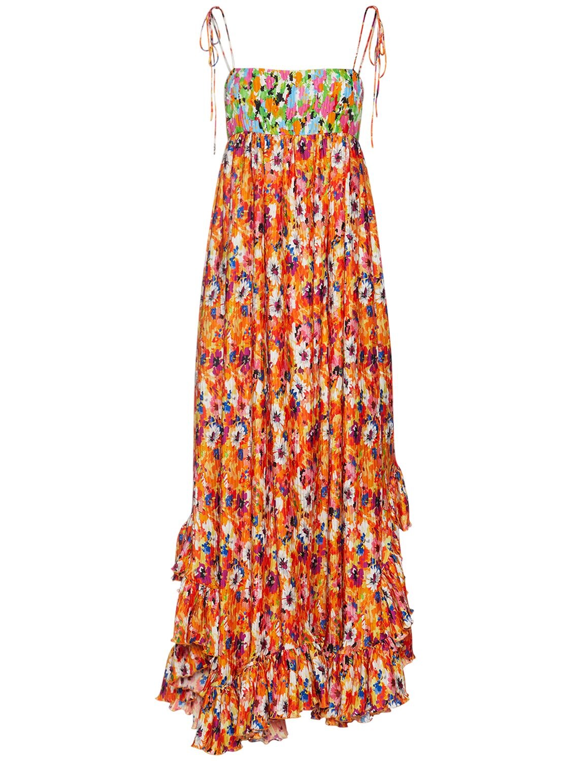 Pleated Satin Printed Long Dress
