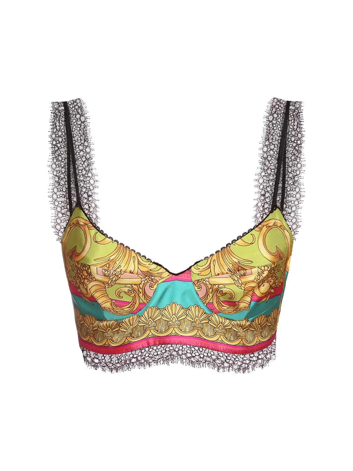 VERSACE Lace-trimmed printed silk-twill bra top