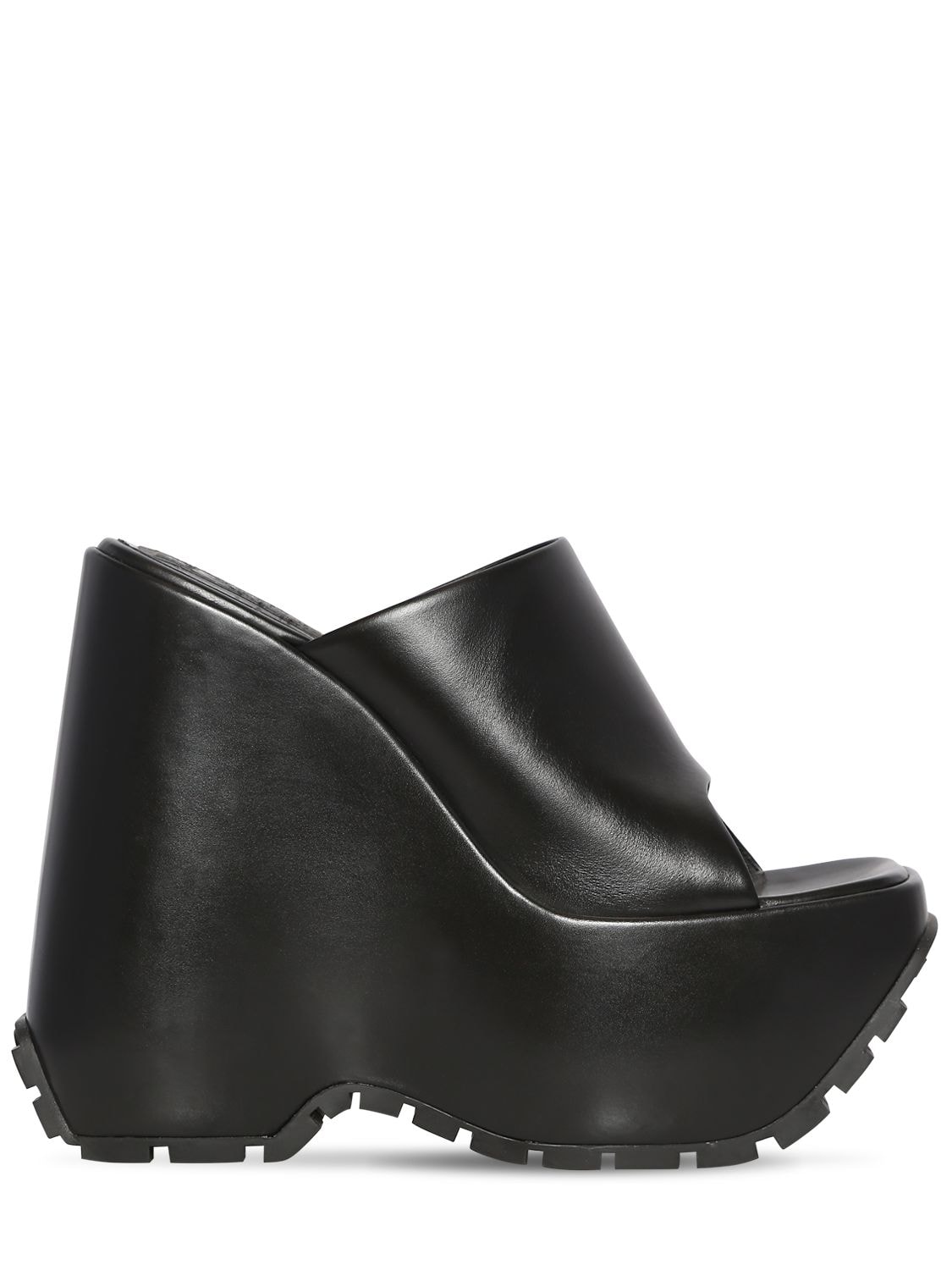 black leather wedge mules