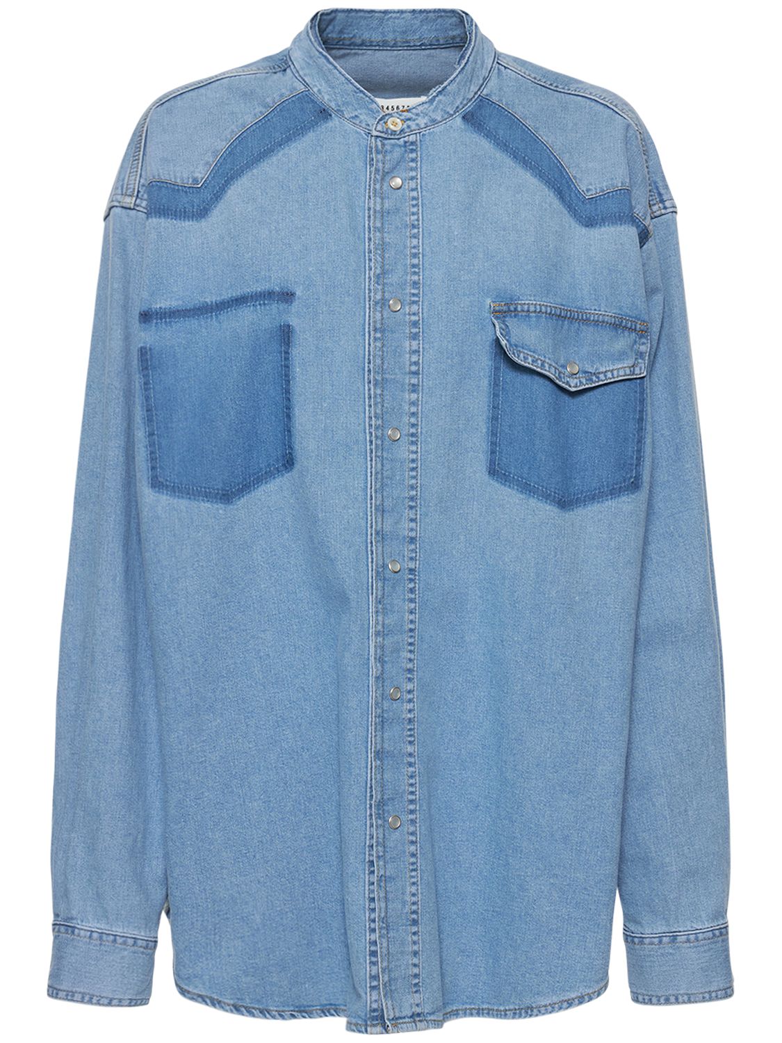Collarless cotton denim shirt 