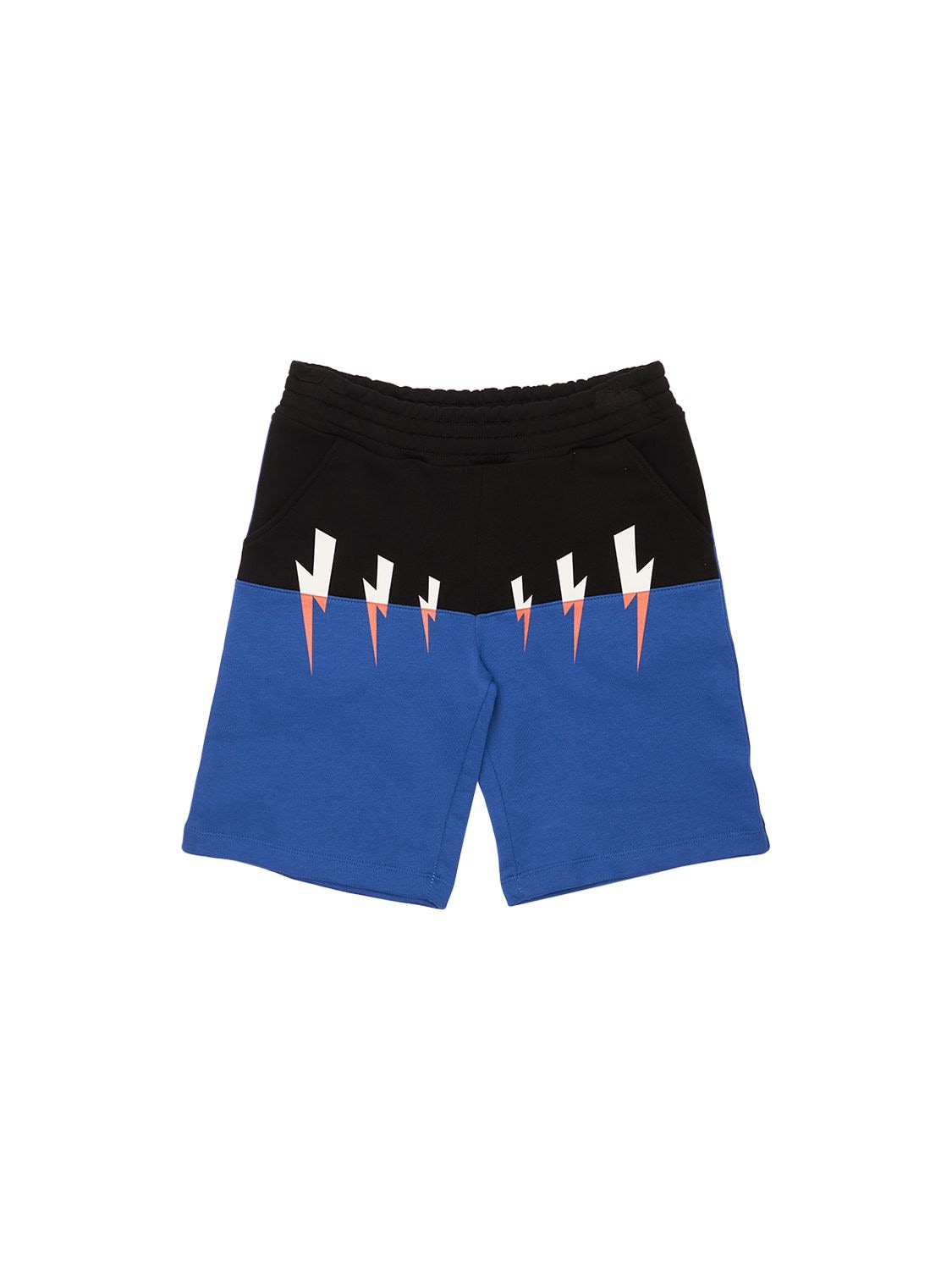 Neil Barrett Thunder Color Block Cotton Sweat Shorts In Black,royal