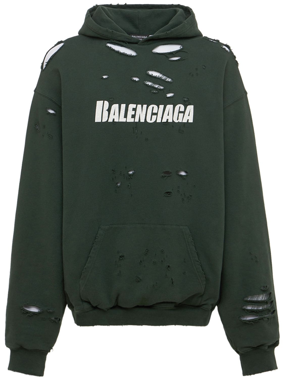 Balenciaga Green Logo Printed Distressed Cotton Oversized Hoodie S