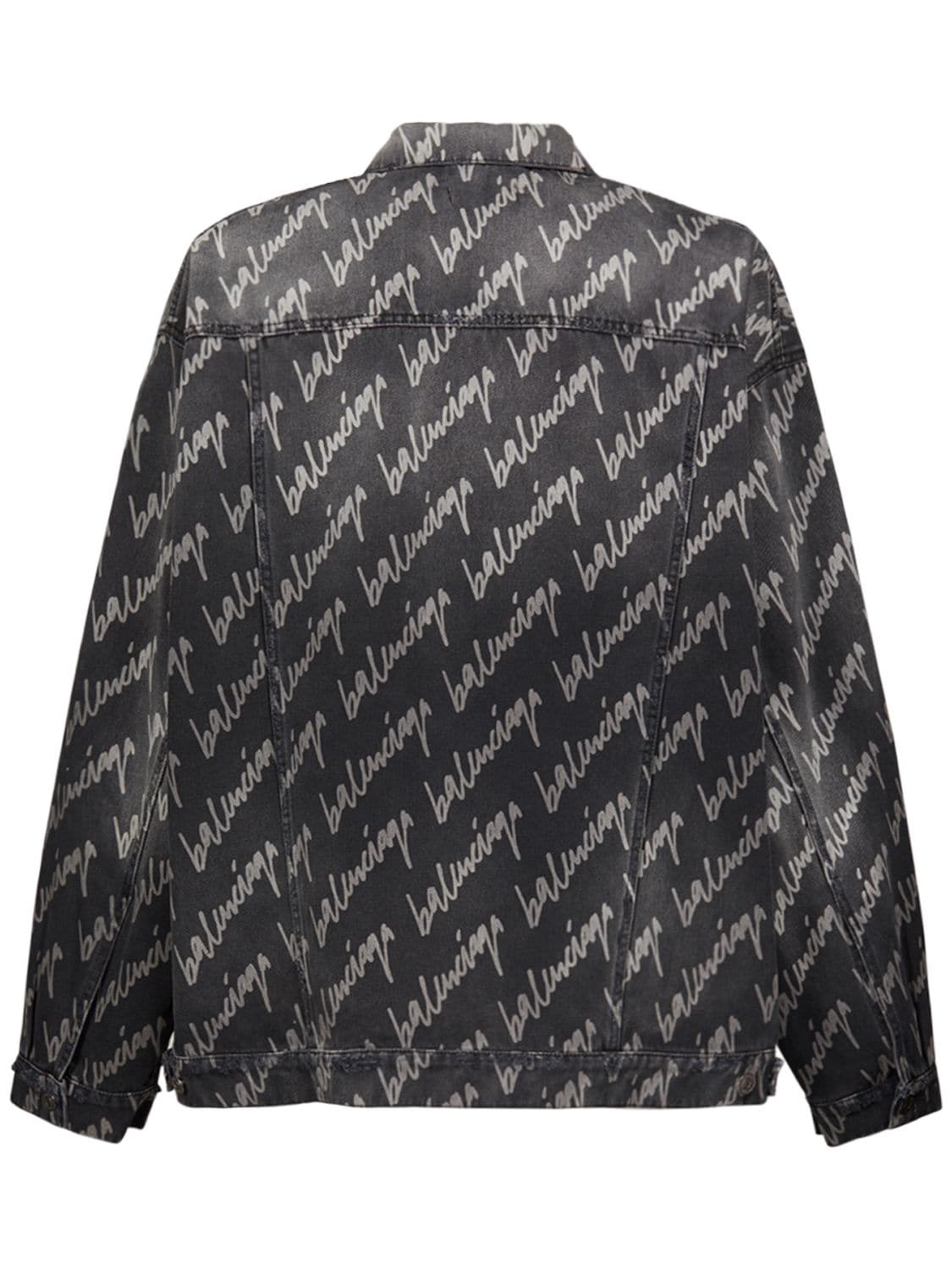 Shop Balenciaga Over All Over Logo Denim Jacket In Stonewash Black
