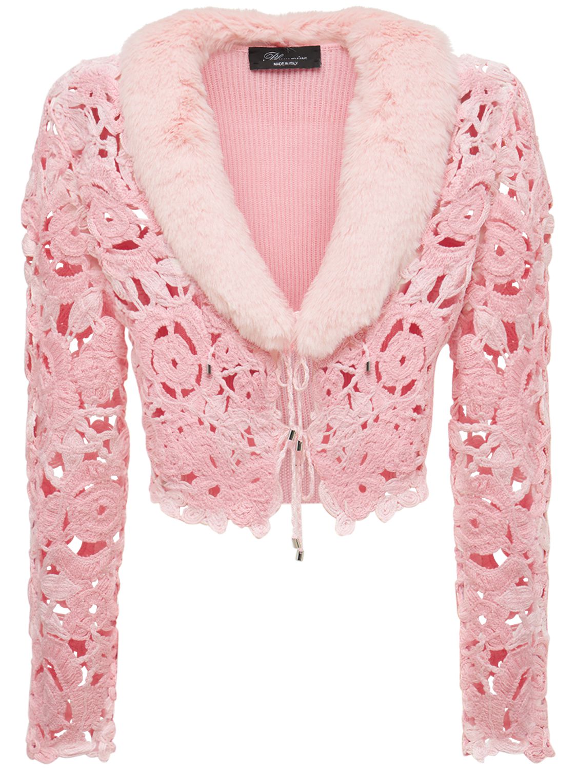 Blumarine Crochet Cardigan W/ Faux Fur Collar In Candy Pink ModeSens