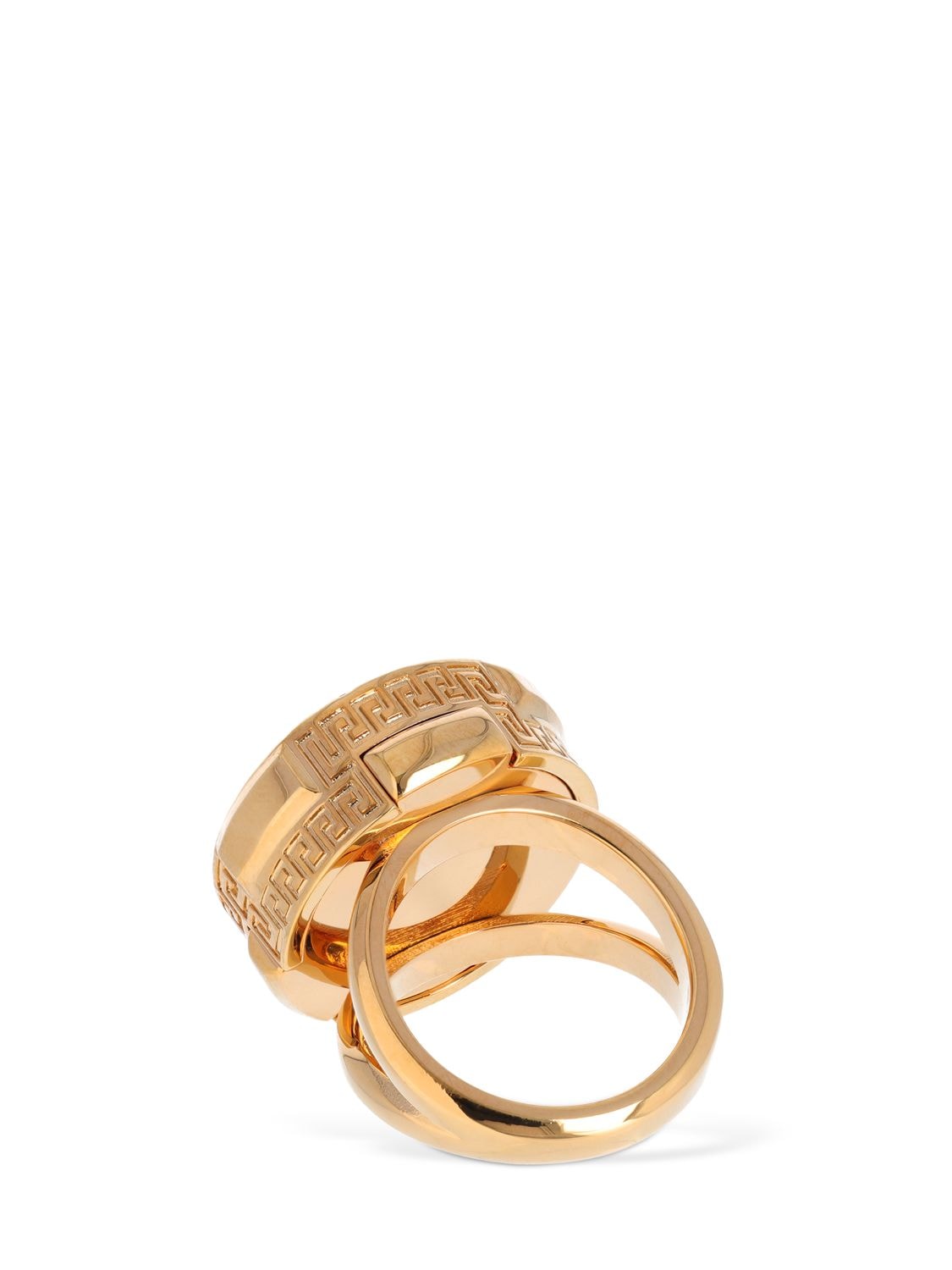 Shop Versace Greca Motif & Logo Crystal Ring In Gold,crystal
