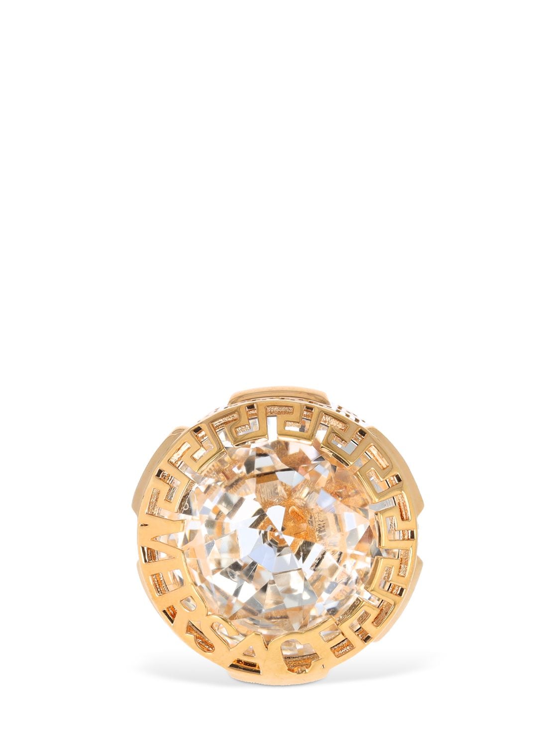 Shop Versace Greca Motif & Logo Crystal Ring In Gold,crystal