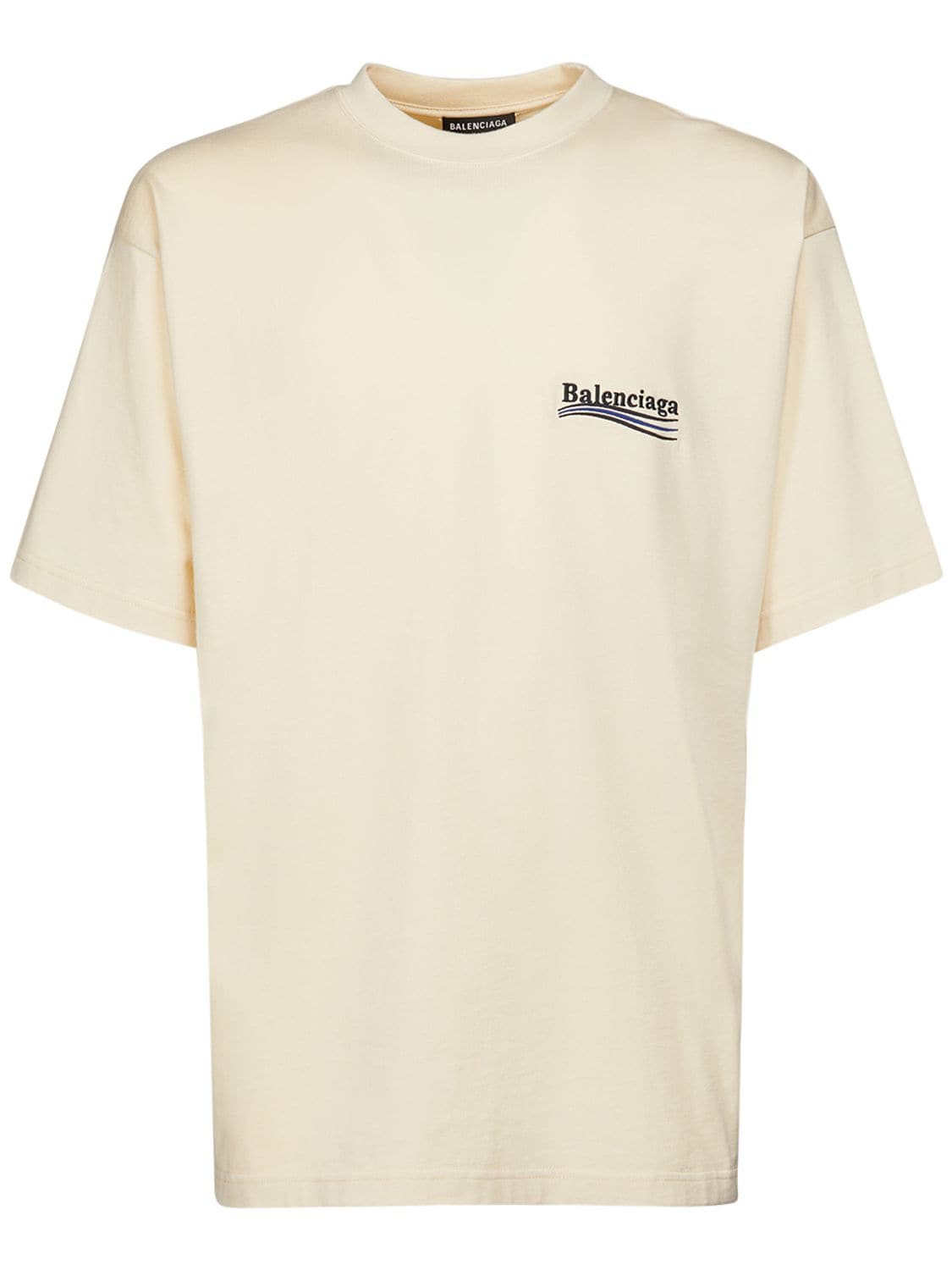 Balenciaga Logo Embroidery Cotton T-shirt In Light Beige