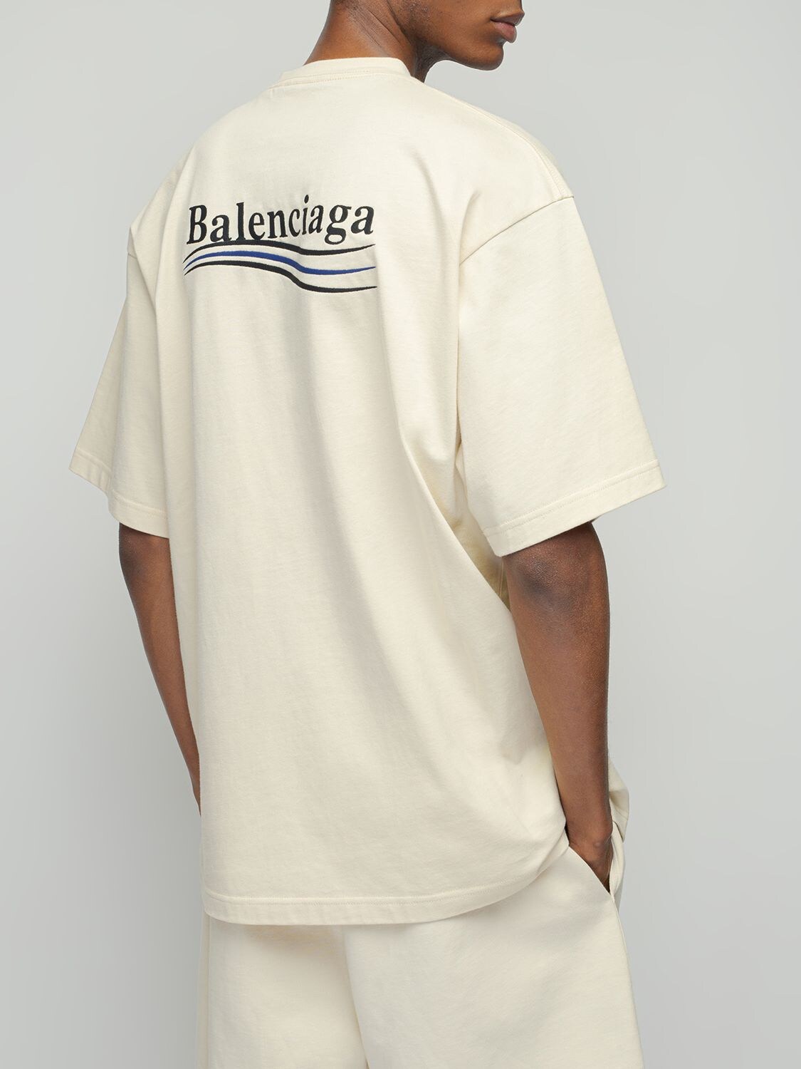 Shop Balenciaga Logo Embroidery Cotton T-shirt In Cream,black